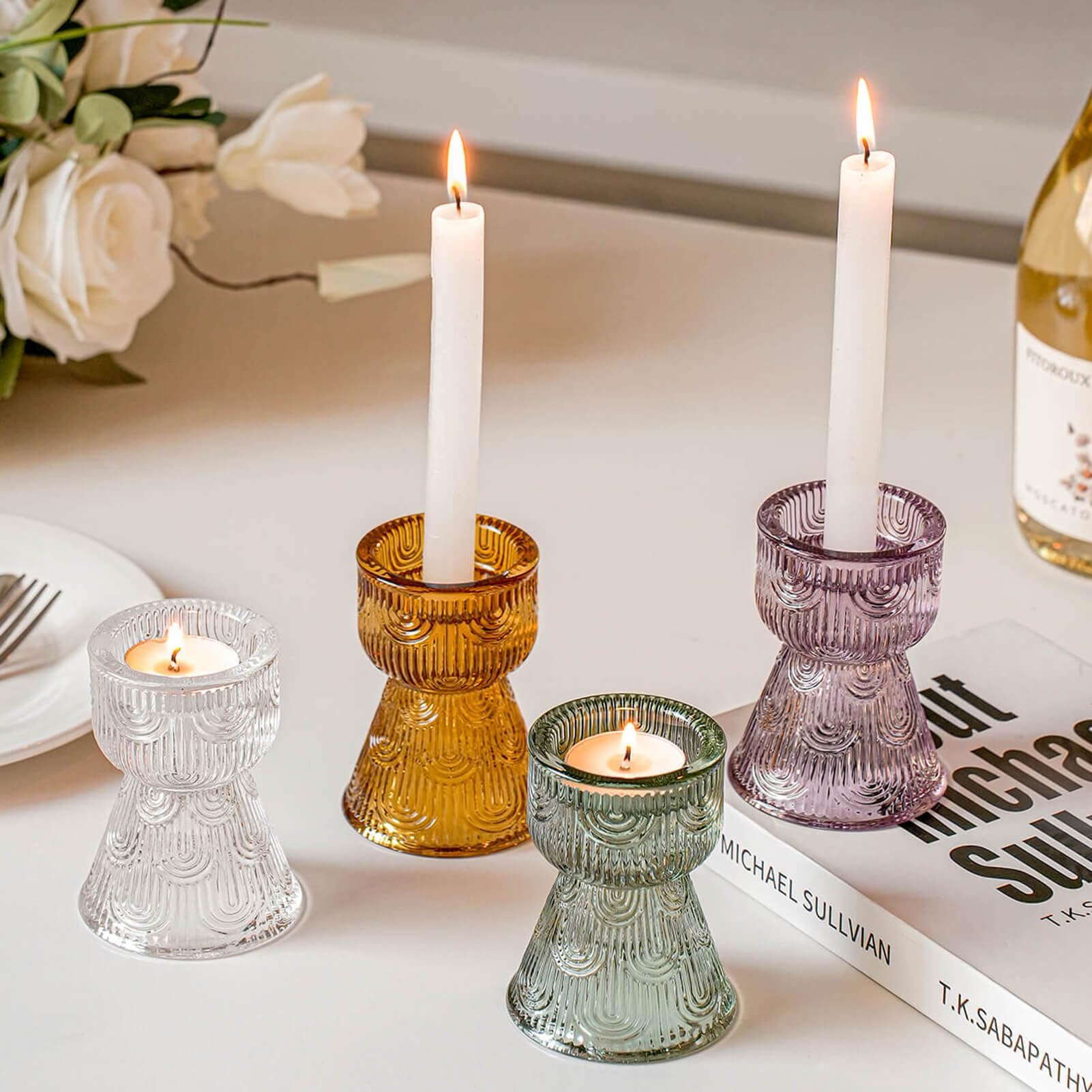 Azonee Candlestick Holders for Diwali Festival, 4 Pcs Two Usages Mixed Candle Holder for Taper Candles & Tea Lights, Sturdy Tapered Glass Candle Holders with Vintage Wave Texture for Indoor & Outdoor