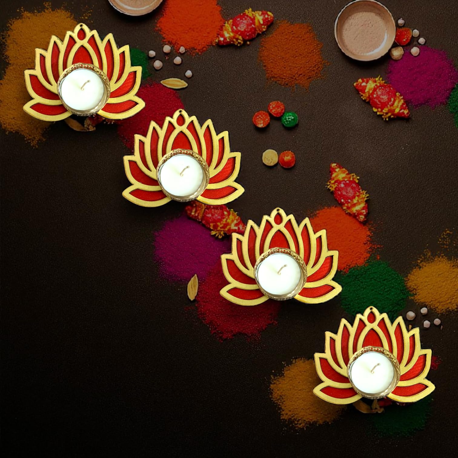 MDF Lotus Pack of 4 Tea Light Candle Holder Traditional Wooden Candle Stand for Diwali & Home Dcor, Size 4.5 * 4.5 Inch Elegant Lotus Shaped Tea Light Holder for Special Occasions