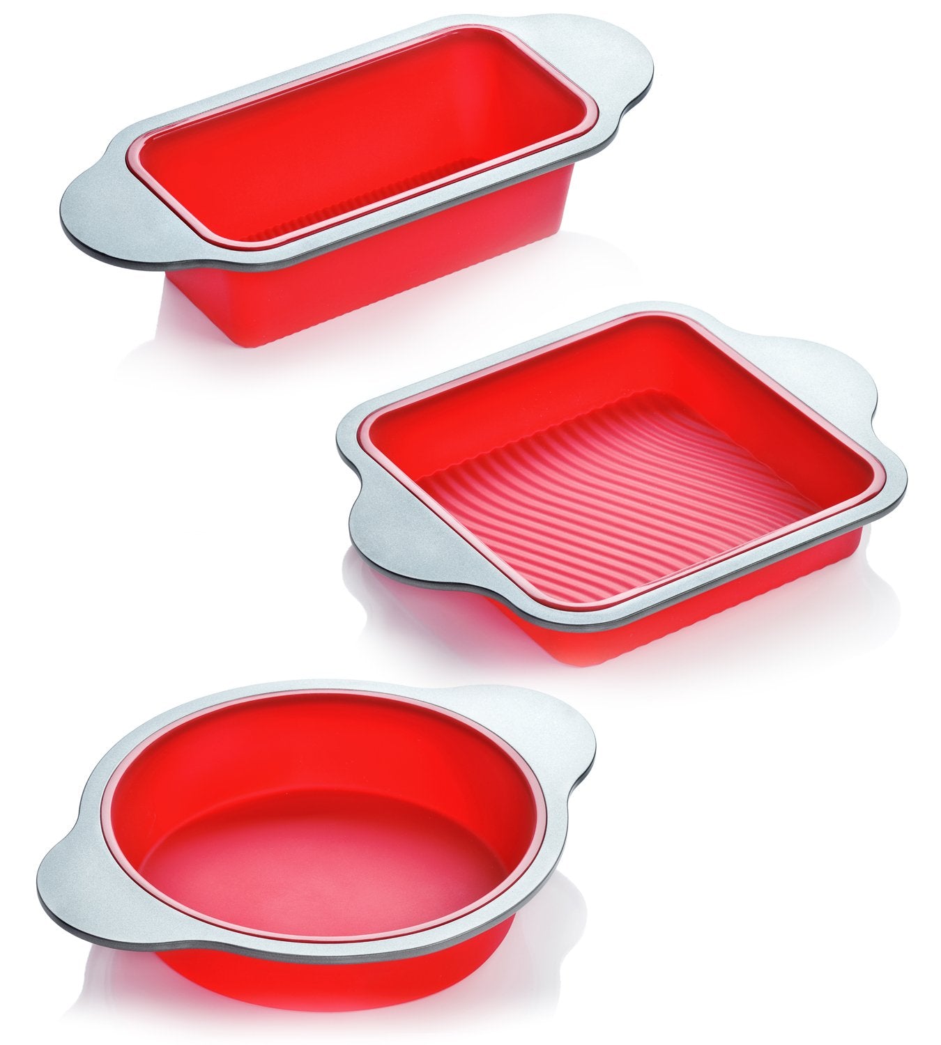 Boxiki Kitchen Silicone Bakeware Set | 3-Piece Professional Non-Stick Silicone Baking Set | Includes Round Cake Mold Pan, Square Cake Mold Pan, Bread Loaf Mold Pan | FDA Silicone