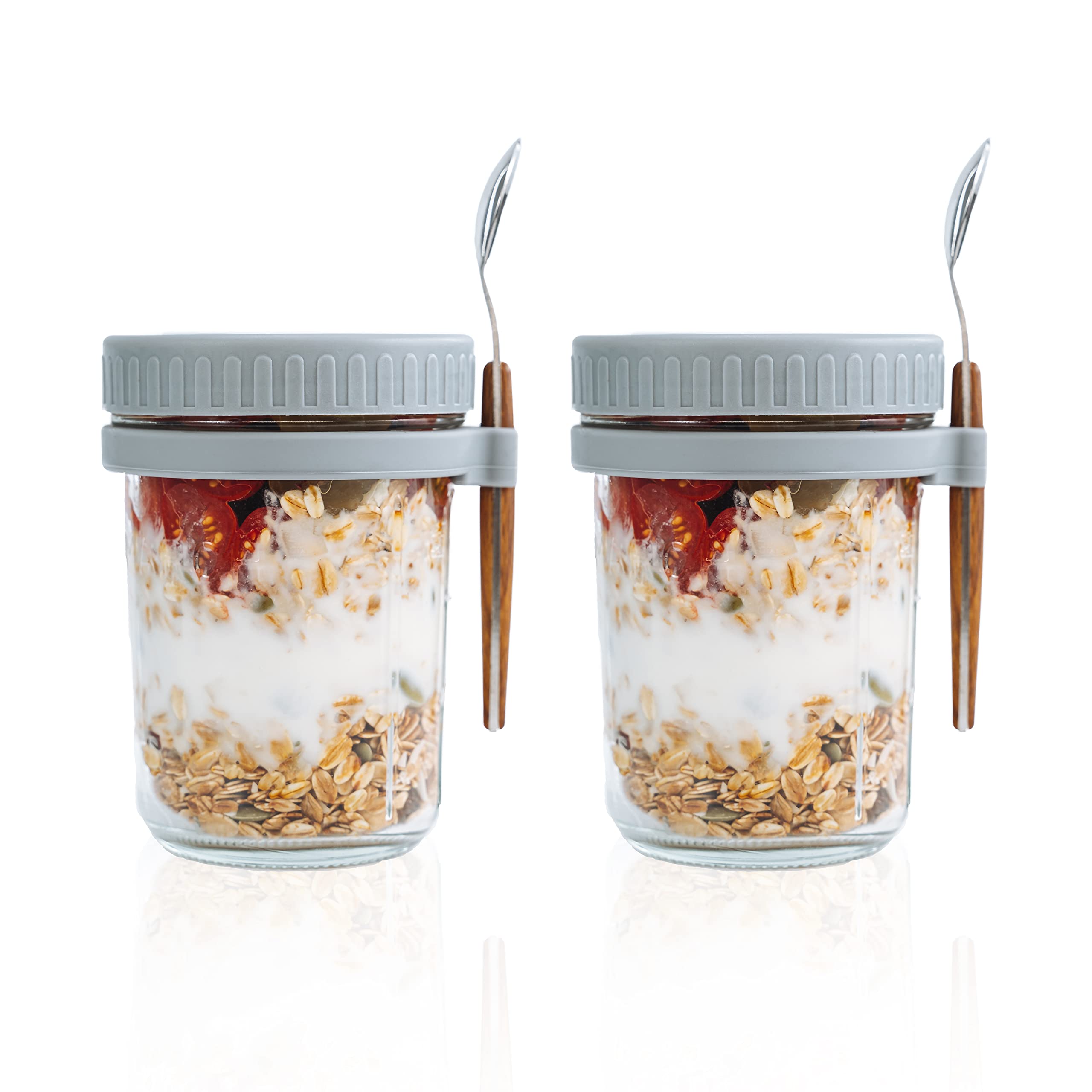 TEADZ SMARCH Overnight Oats Jars with Lid and Spoon Set of 2?10 oz Large Capacity Airtight Oatmeal Container with Measurement Marks, Mason Jars with Lid for Cereal On The Go Container (grey)