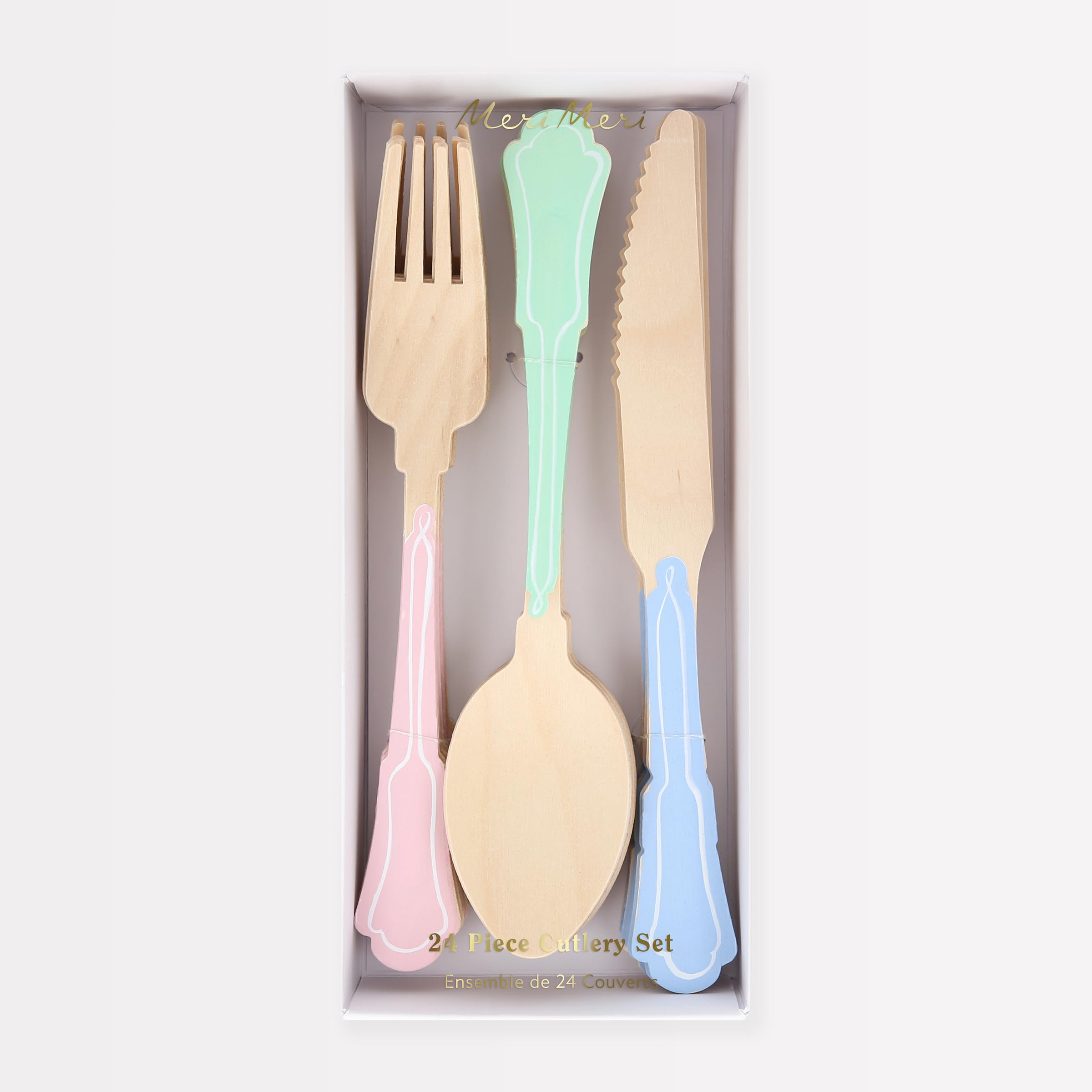 Meri Meri Elegant Mixed Colour Wooden Cutlery Set – Pack of 24 Birch Wood Utensils in Pastel Blue, Pink & Mint, Stylish Disposable Flatware for Picnics, Parties & Outdoor Dining