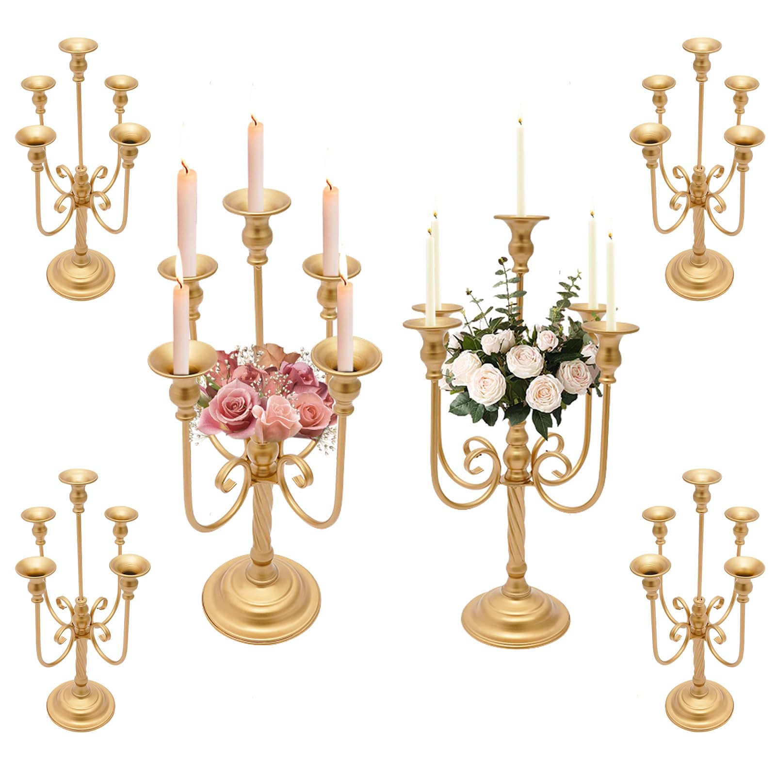 6 Pcs 5 Arm Gold Candle Holder, 19.7''H Vintage Gold Candelabra Centerpieces for Wedding Table, Romantic Candlestick Ornaments for Christmas Valentine Party Dinner