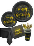 HIGHLAND 61 Pcs Black and Gold Happy Birthday Plates Cups Tissue Spoon Fork Table Cloth Disposable Tableware for Kids, Adults Birthday Decorations – Kid’s Party Tableware Serves Up to 10 Guests