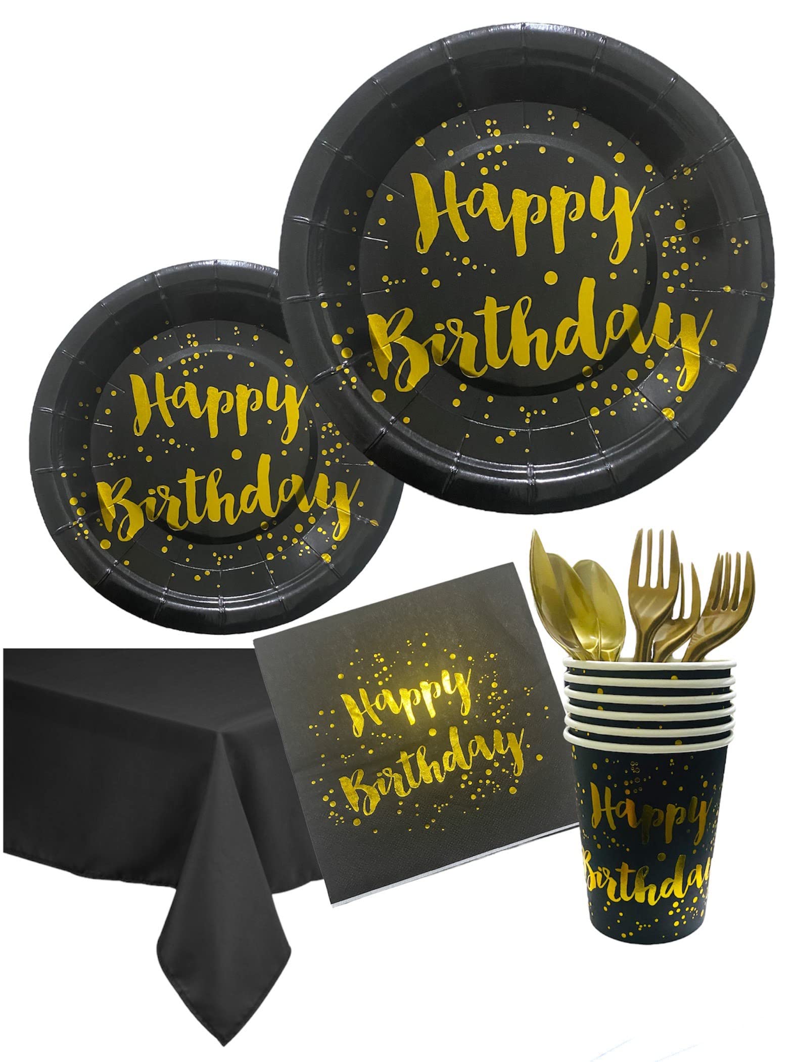 HIGHLAND 61 Pcs Black and Gold Happy Birthday Plates Cups Tissue Spoon Fork Table Cloth Disposable Tableware for Kids, Adults Birthday Decorations – Kid’s Party Tableware Serves Up to 10 Guests