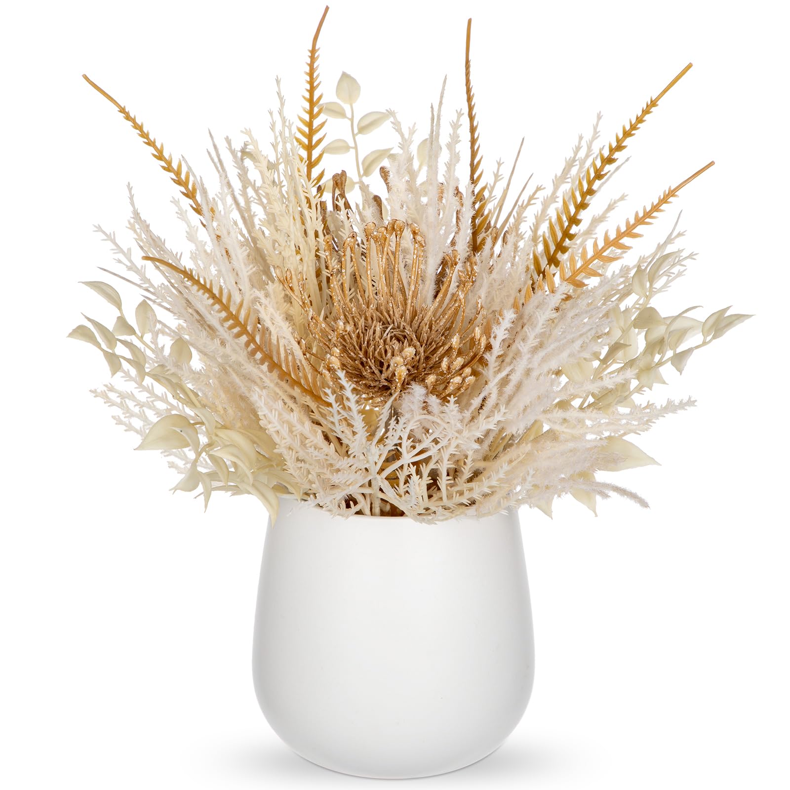 Faux Pampas Grass with Vase, Artificial Pampas Grass Flowers Bouquet Plant Fluffy Boho Home Decor Fake Pompass Pompous Grass Floral Arrangement for Wedding Party Table Room Decorations White