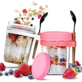 AMERTEER 2 Pack 350ml Glass Storage Jars with Airtight Lids & Spoon | Leakproof Glass Food Jars for Oatmeal, Meal Prep, Breakfast, Cereal, Salad & Fruit | Reusable Glass Jars with Lid for Kitchen