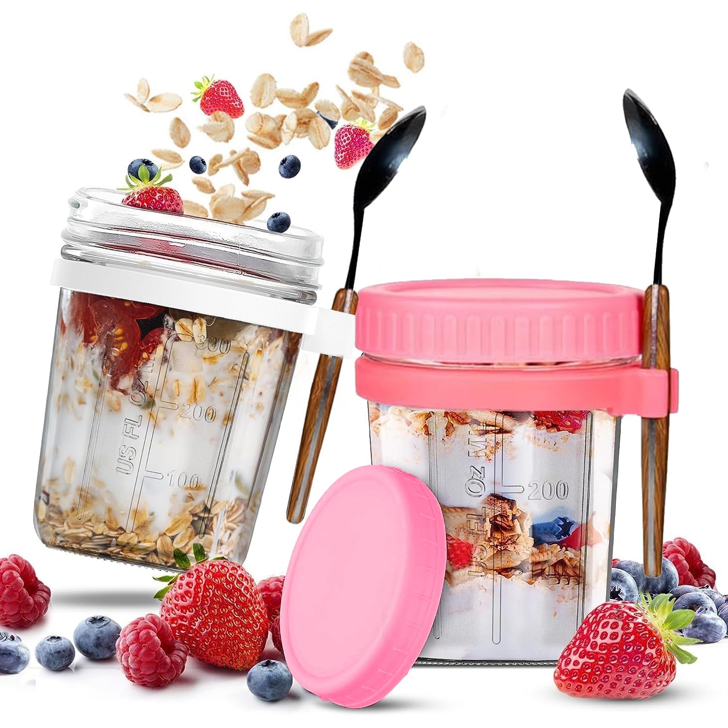 AMERTEER 2 Pack 350ml Glass Storage Jars with Airtight Lids & Spoon | Leakproof Glass Food Jars for Oatmeal, Meal Prep, Breakfast, Cereal, Salad & Fruit | Reusable Glass Jars with Lid for Kitchen