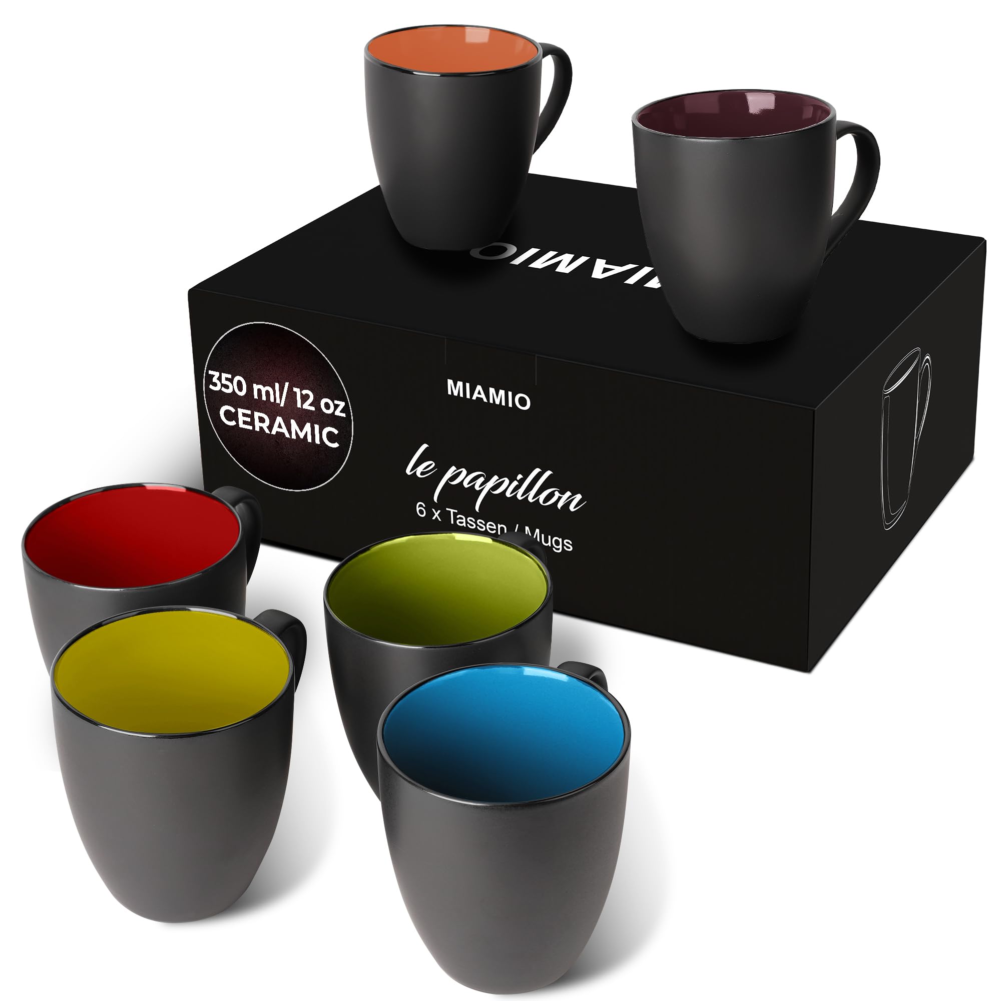 MIAMIO - 6 x 350 ml Stoneware Coffee Mug/Cup Set - Le Papillon Collection (Black - Mixed)