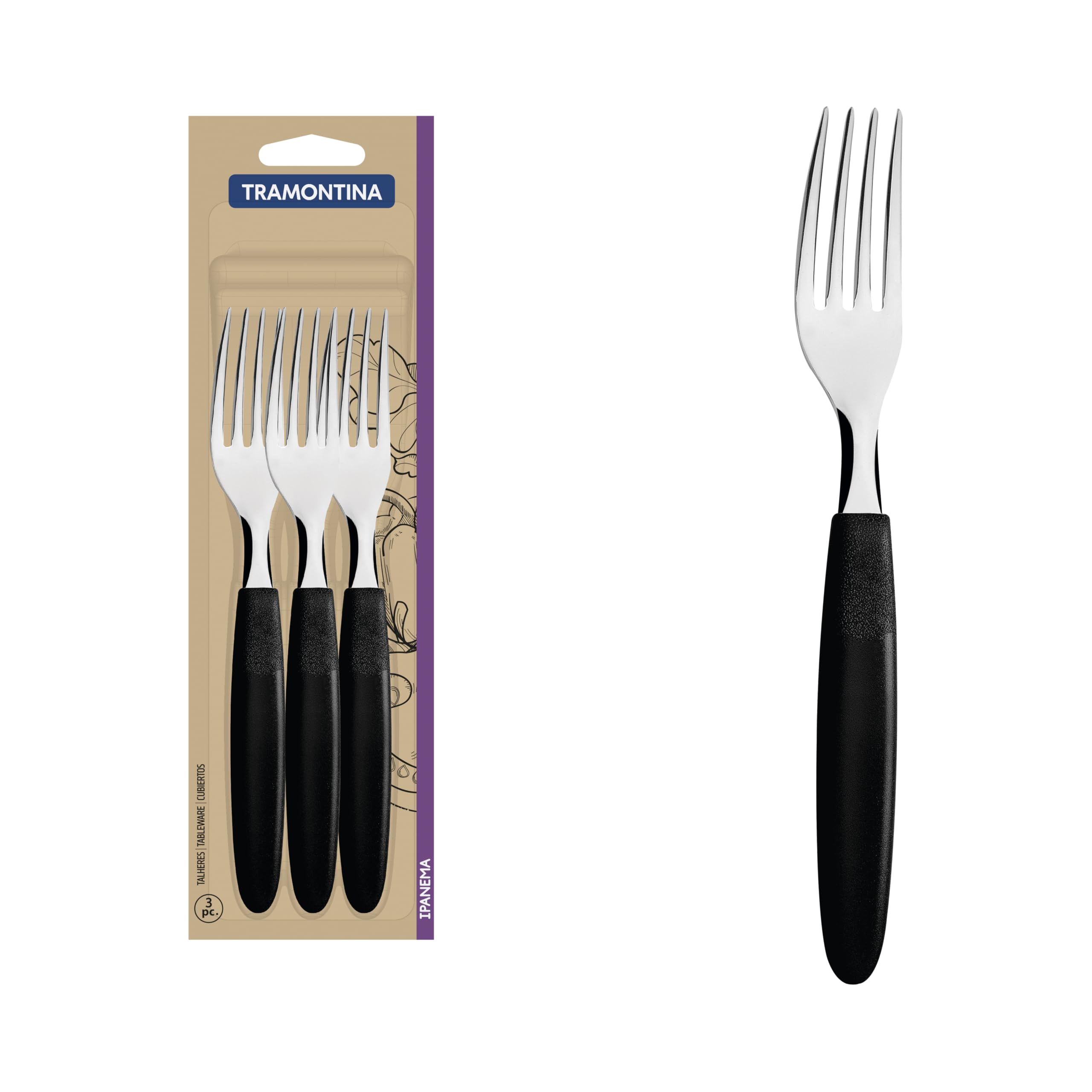 Ipanema Tramontina Table Fork Set with Stainless Steel Blades and Black Polypropylene Cables 3 Pieces