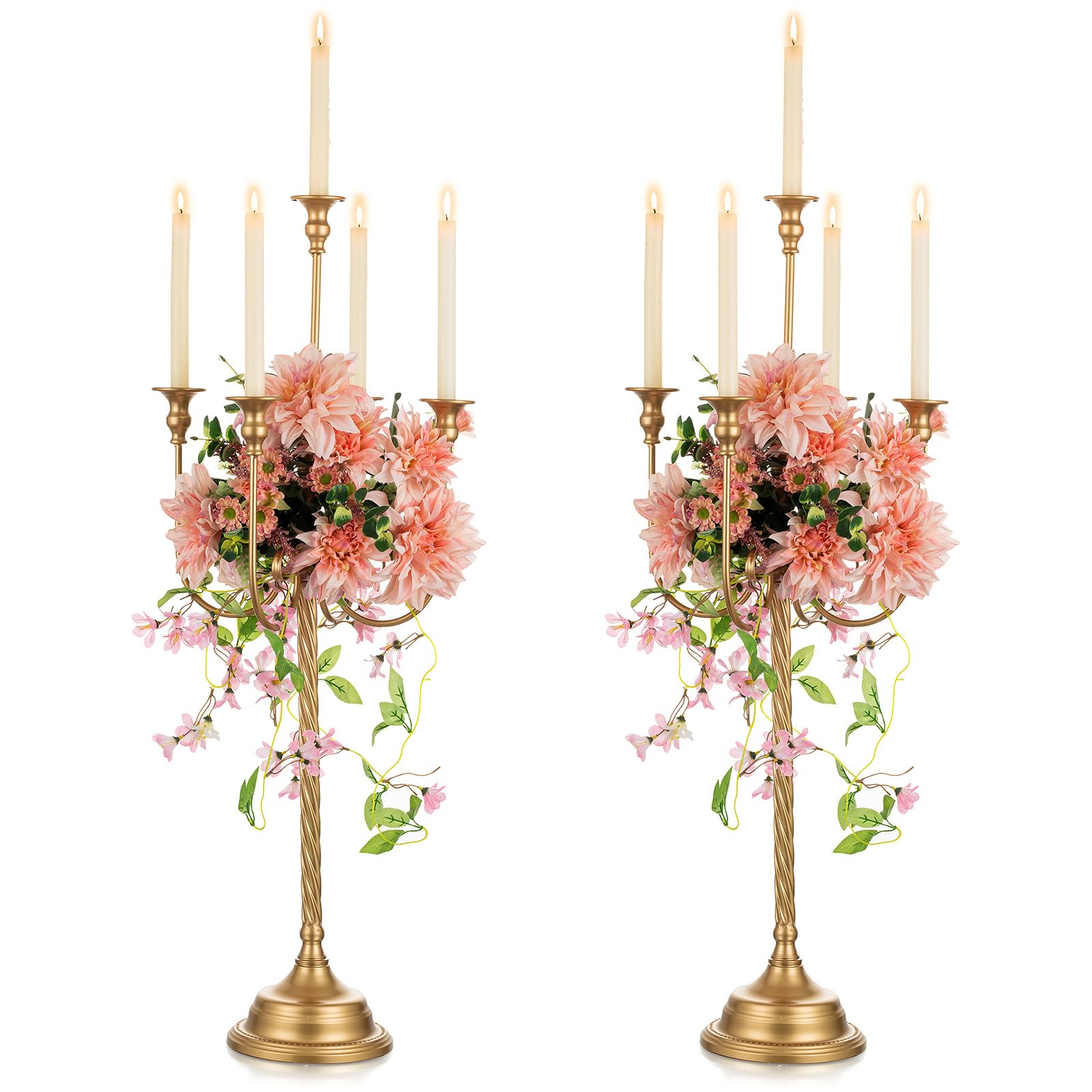 NUPTIO Candle Holders for Table Centerpiece: 2 Pcs 37 inch Tall 5 Arm Gold Candelabra Floor Standing Candlestick Holder for Taper Candles Wedding Centerpieces Party Mantel Reception Decor