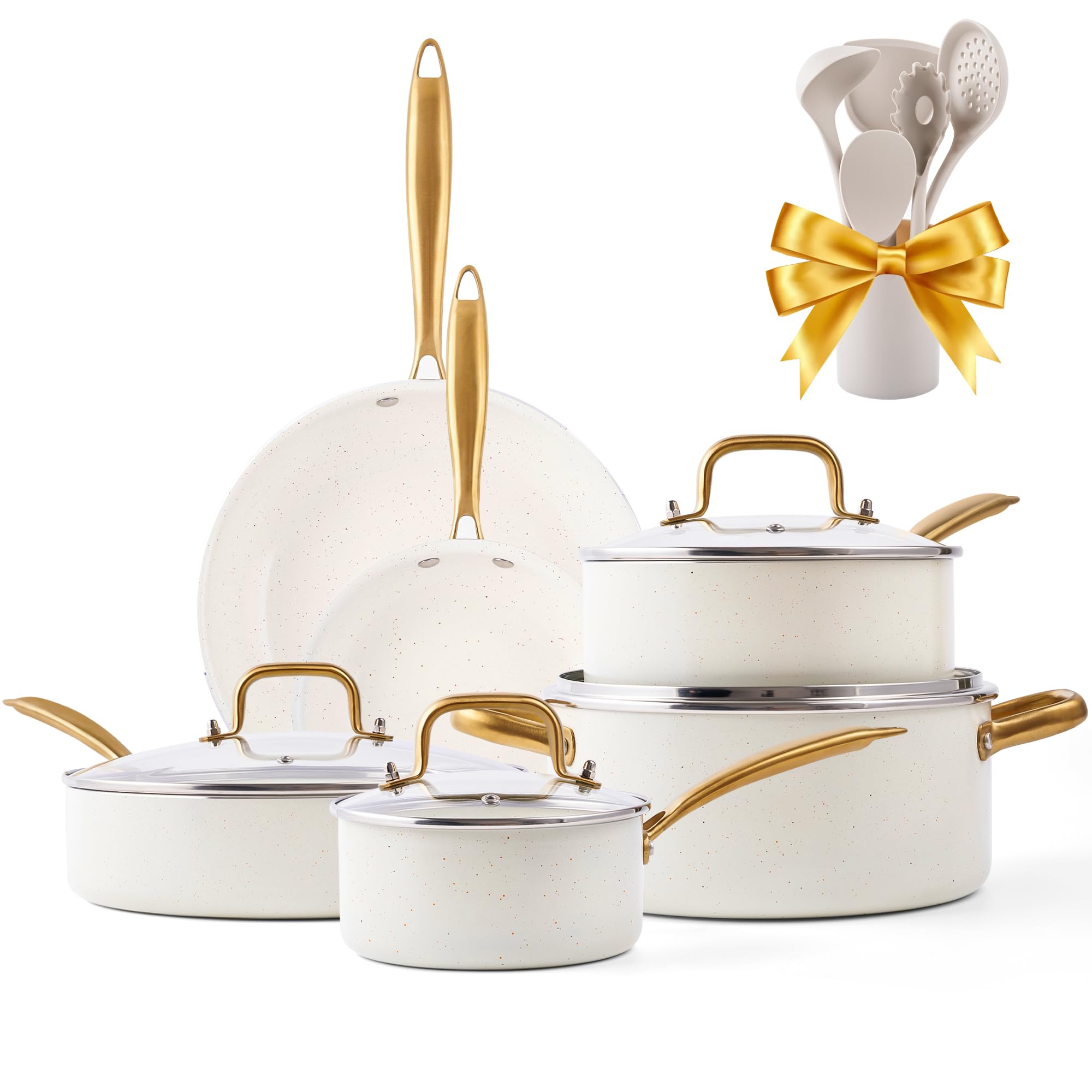 Pots and Pans Set Nonstick - Kitchen Cookware Sets Ceramic Non Toxic Cookware Set With Dutch Oven, Frying Pan, Saucepan, Sauté Pan, Cooking Utensils Set, Gold Pots and Pans for Cooking Set Gifts