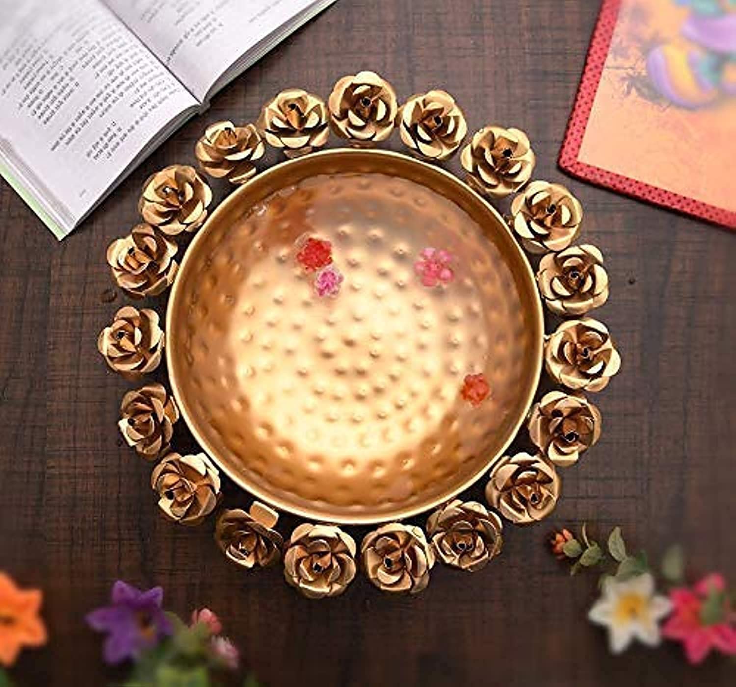 Round Flower Border Designer Urli(Set Of 1)Decorative Beautiful Handcrafted Bowl For Floating Flowers&Tea Light Candles Home,Office And Table Decor Special For Diwali Gift,Gold