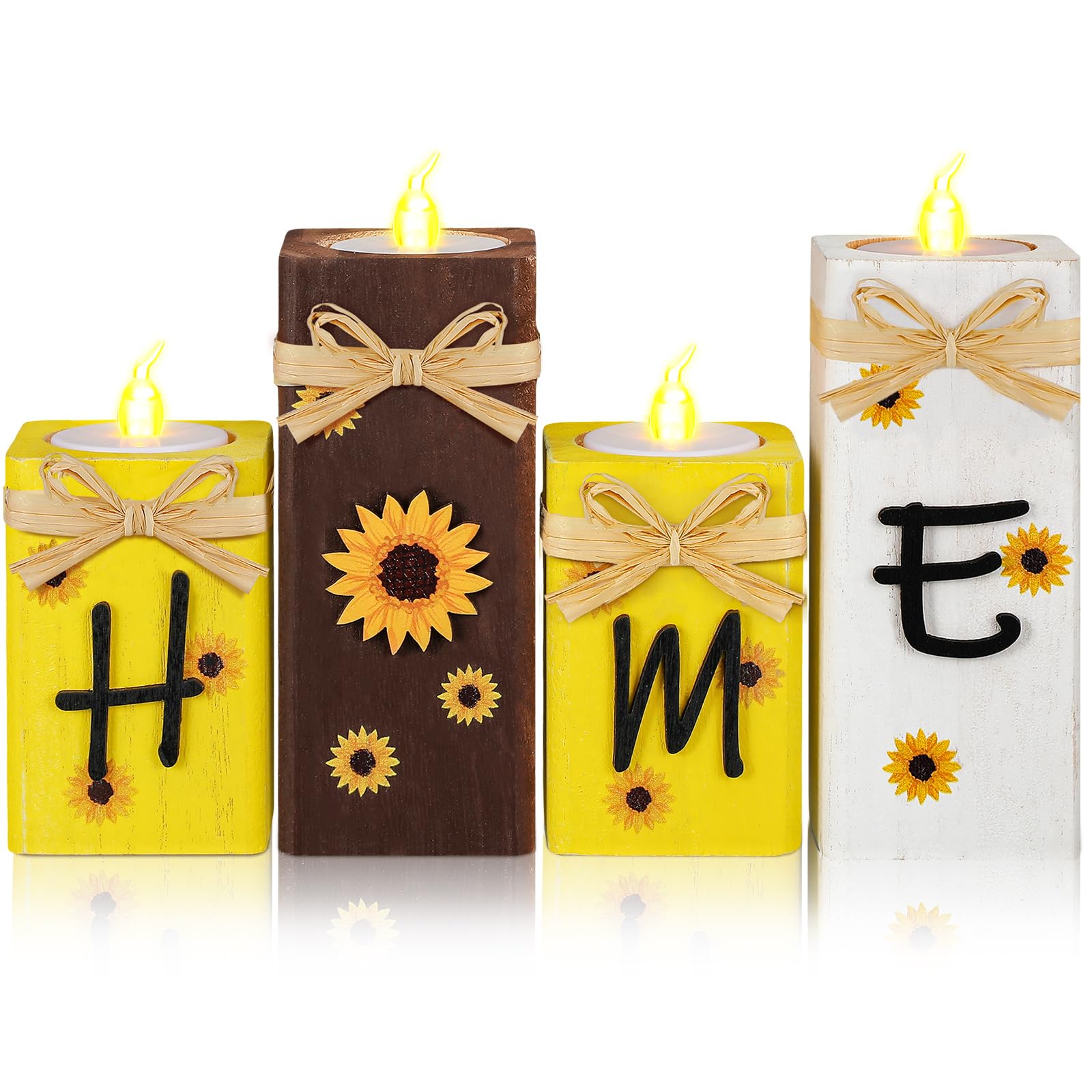 Set of 4 Summer Sunflower Home Letter Filled Candlestick Sets, Wooden Tea Light Candlestick Gifts for Women, Summer Warm Romantic Candlestick Candlestick Decoration for Wedding Banquet