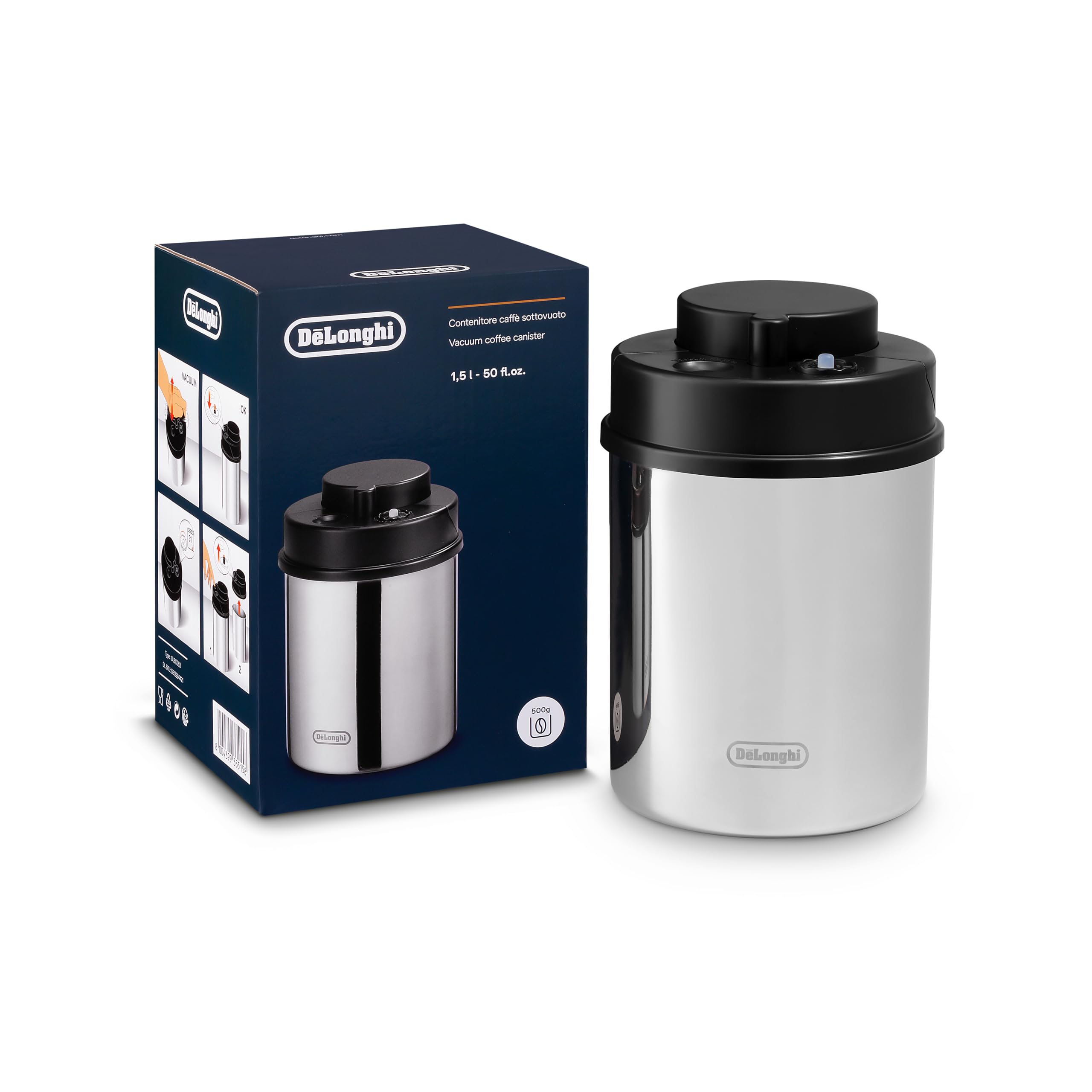 De'Longhi Vacuum Coffee Canister - 13L, Stainless Steel & Black, Airtight Seal, Built-In Date Indicator, Keeps Coffee & Food Fresh for 15 Days, UV & Moisture Protection, 1-Year Warranty DLSC063