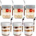 Premify 6-Pack Overnight Oats Jars with Lids & Spoons (3 White, 3 Grey, 350ml) – Reusable Glass Containers with Measurement Marks for Breakfast, Oatmeal, Milk, Cereal, Fruit Storage