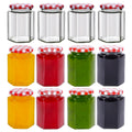 SKYLINK 12Pack 8oz Hexagon Glass Jars with Airtight Red Gingham Lids, Small Canning Jars for Jam, Honey, Pickling, Preserving, Spice Storage, DIY Candle Making & Party Favors