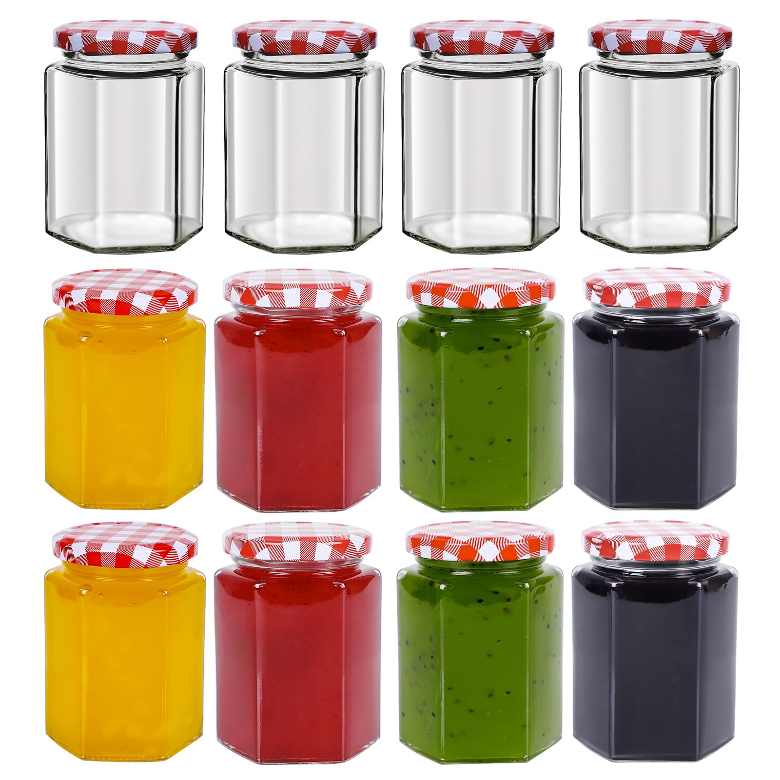 SKYLINK 12Pack 8oz Hexagon Glass Jars with Airtight Red Gingham Lids, Small Canning Jars for Jam, Honey, Pickling, Preserving, Spice Storage, DIY Candle Making & Party Favors