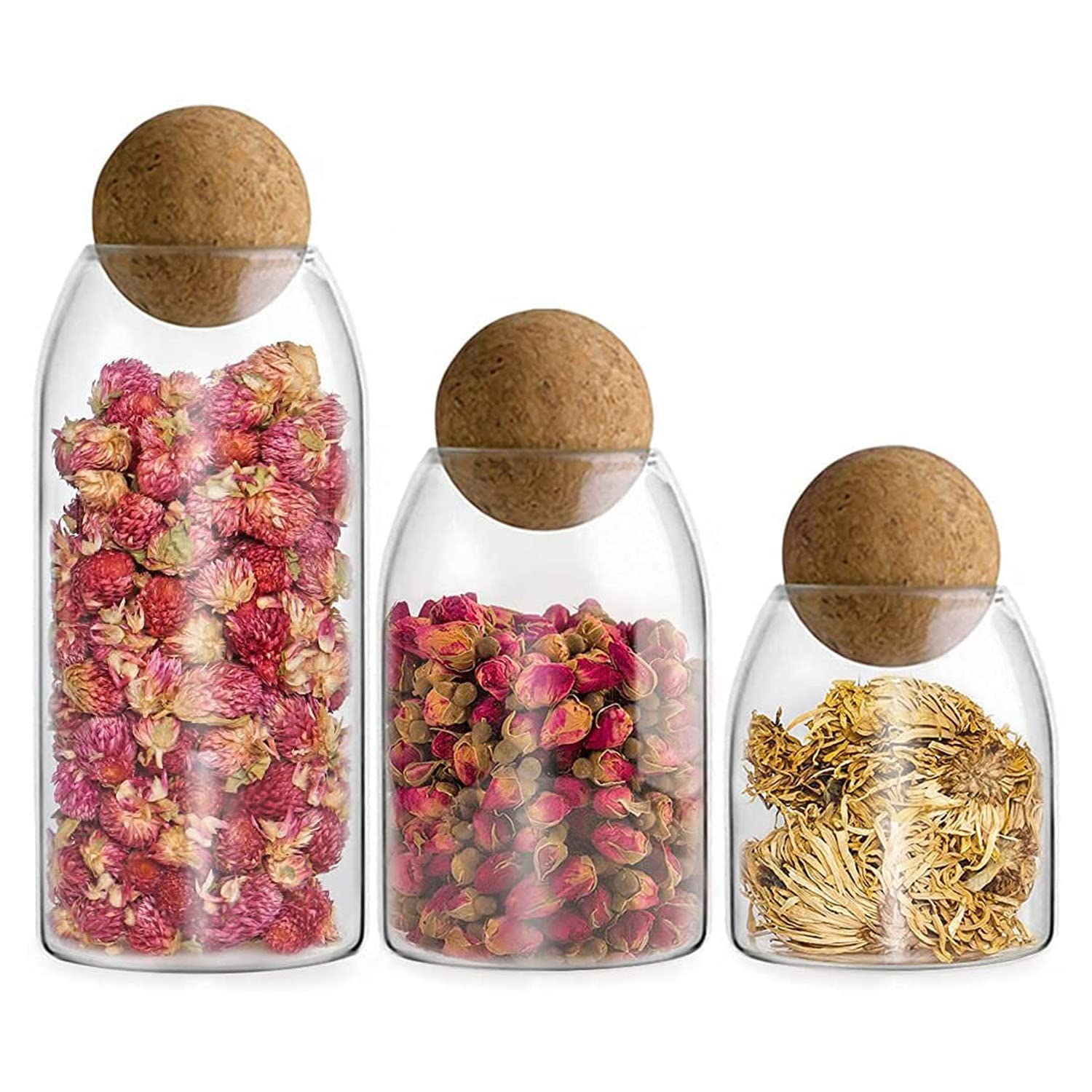 TAPIT Glass Jar with Ball Cork Lid, Glass Canister with Wood Lid, Storage Container Jars for Coffee, Tea, Spice, Sugar, Salt, Set of 3 (500ml, 800ml, 1200ml) (3 PC, 500ml+800ml+1200ml)