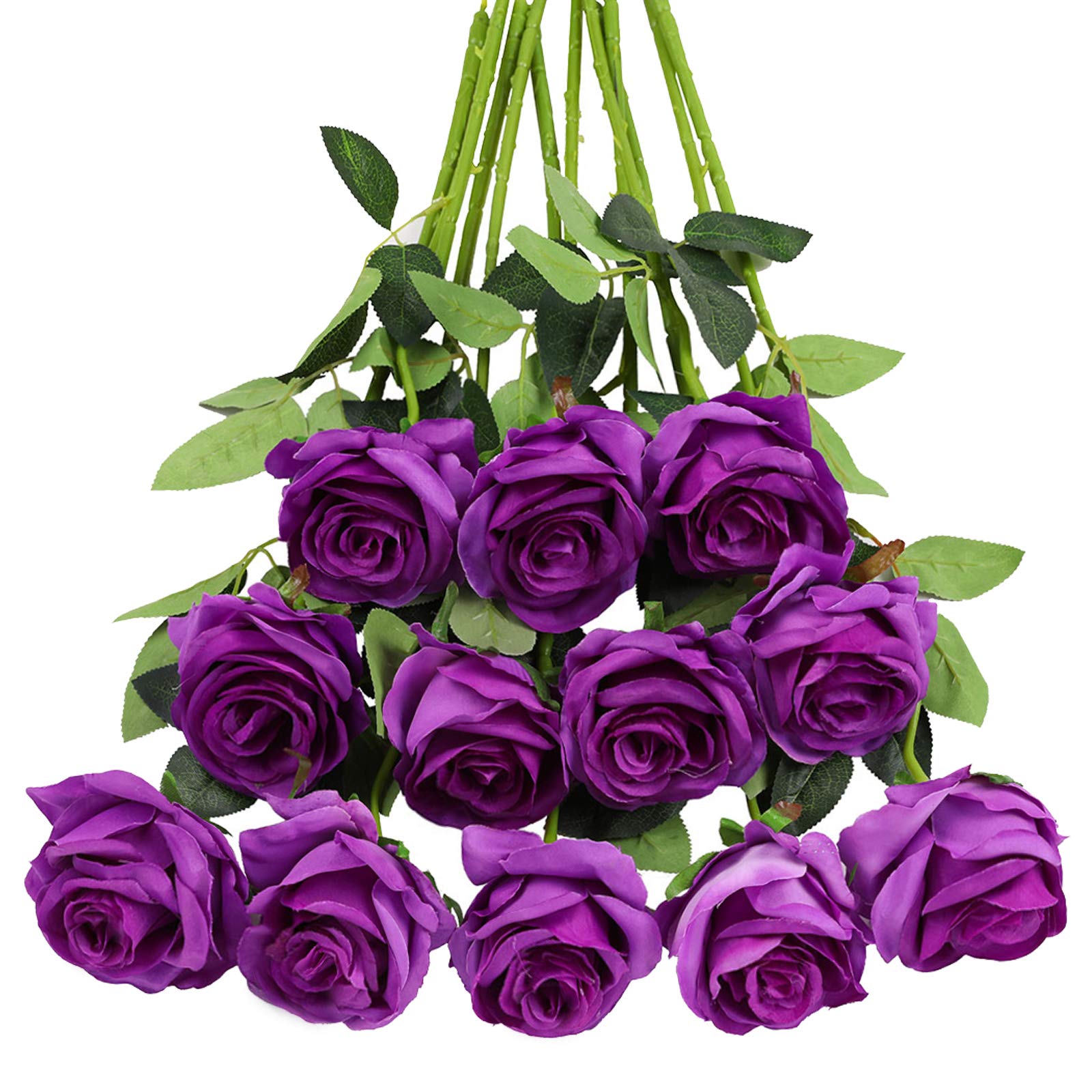 12PCS Rose Artificial Flower, Single Stem Fake Floral Bridal Wedding Bouquet, Realistic Blossom Flora for Home Garden Party Hotel Office Decorations (Red) (Purple)