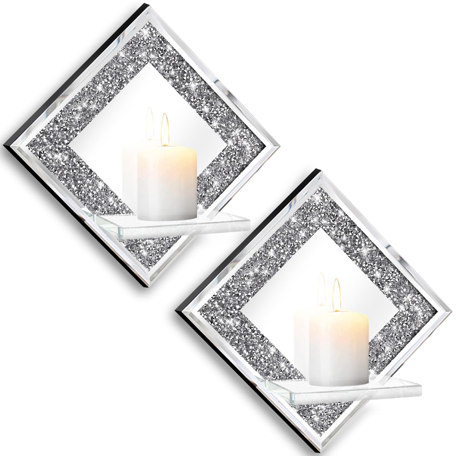 Crystal Crush Diamond Candle Holders Set of 2 Diamond Silver Mirrored Candlesticks Wall Decorations for Living Room Dining Room Bedroom