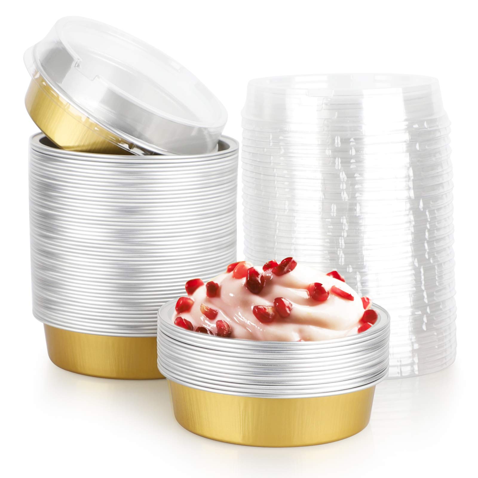 Beasea Disposable Pie Tins 4 Inch, 50 Pack Mini Tart Pans with Lids, Golden Aluminum Pie Pan Tin Tart Pans Round Oven Baking Mini Cake Pan for Pie Tart Quiche
