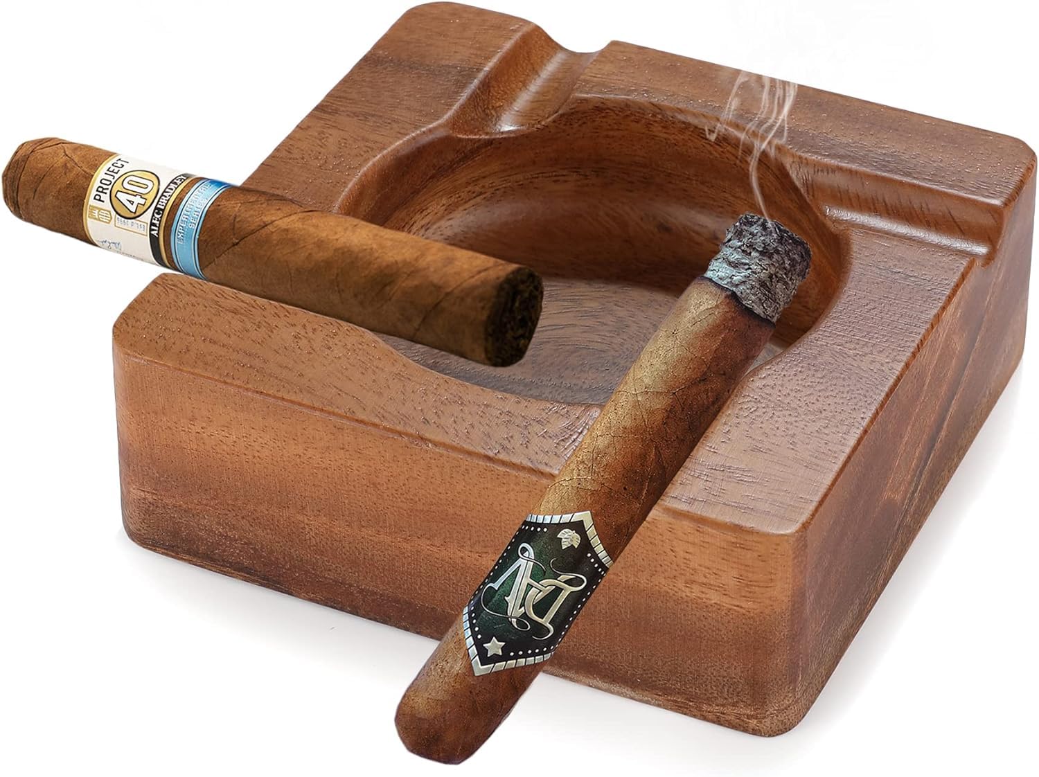 Cool Wood Cigar Ashtray for Outdoors, Luxury Cigar Ashtrays with 4 Durable Solid Slot Cigar Holder, Wooden Cigar Ash Tray for Outdoor Home Patio and Bar, Cigar Accessories for Men (Style-01)