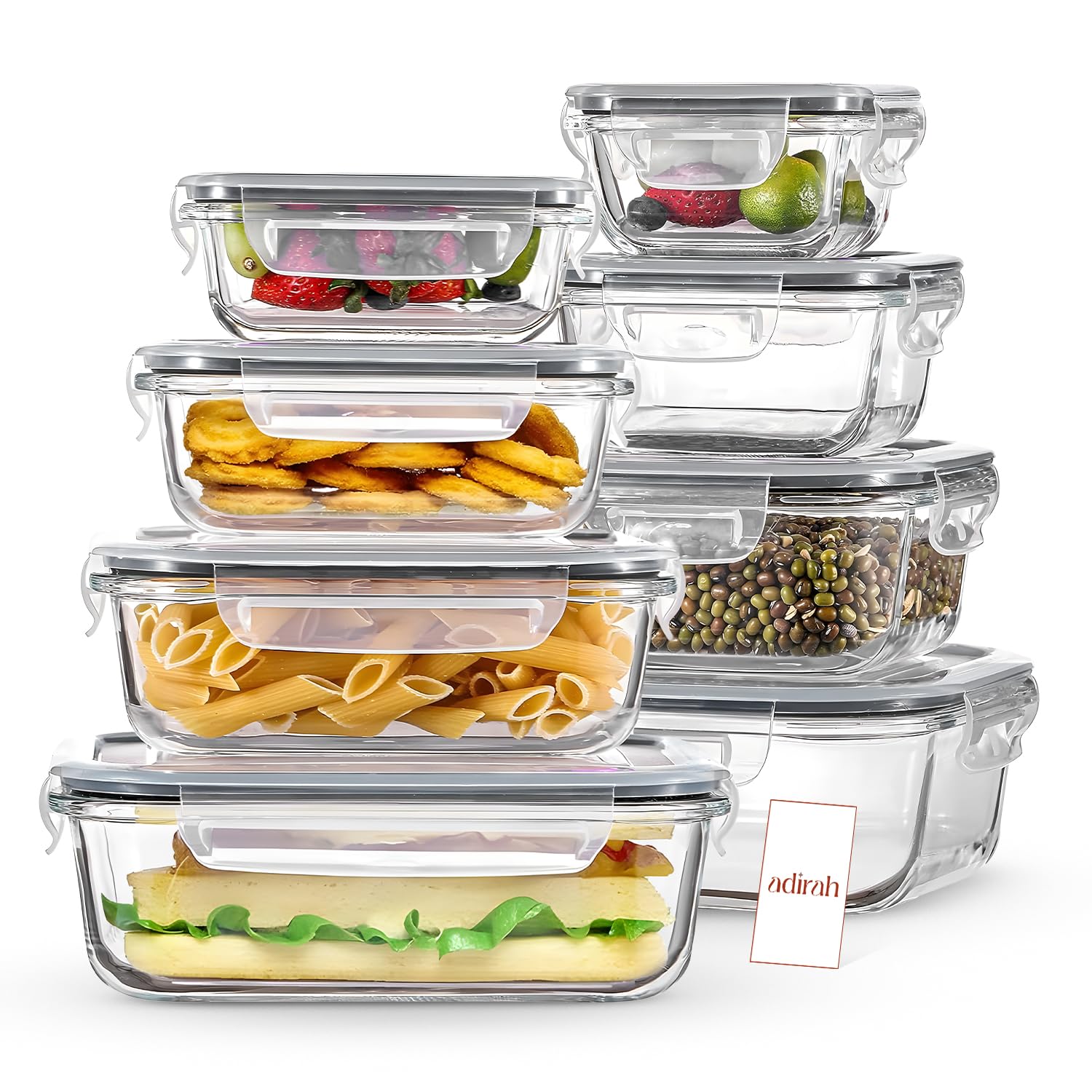 Adirah Glass Meal Prep Food Container and Storage, Airtight & Leak-Proof with Silicone Seal & 4-Hinge Lock, Microwave & Oven Safe, BPA-Free, Stain-Resistant, Ideal for Meal Prep (Grey)
