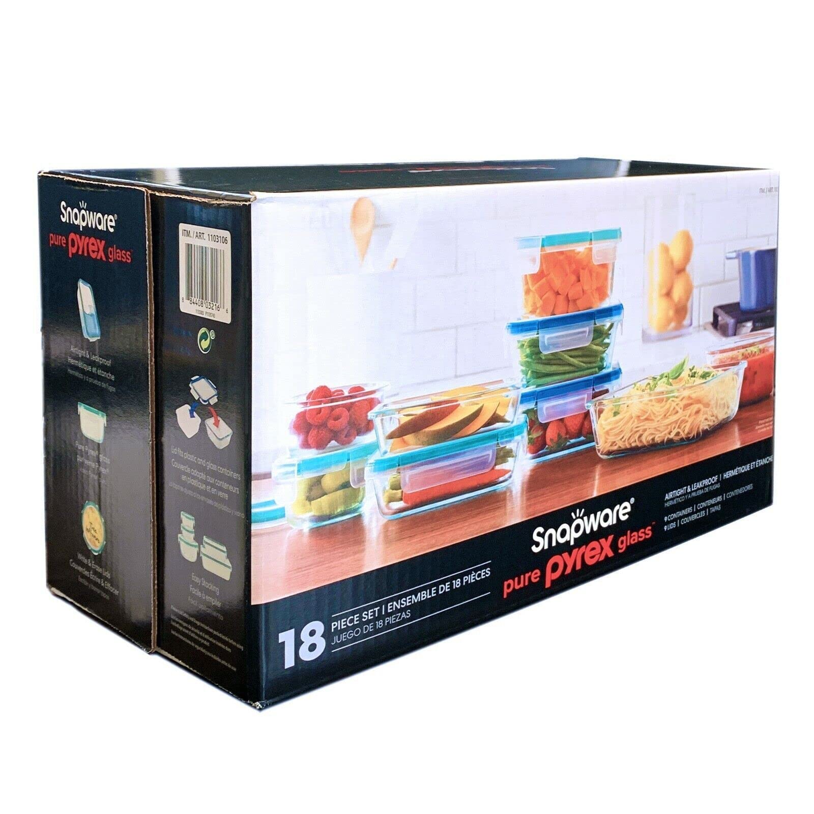 Snapware Pure Pyrex 18-Piece Glass Food Storage Set, 2.6, Clear, microwave, oven, refrigerator, freezer & dishwasher safe
