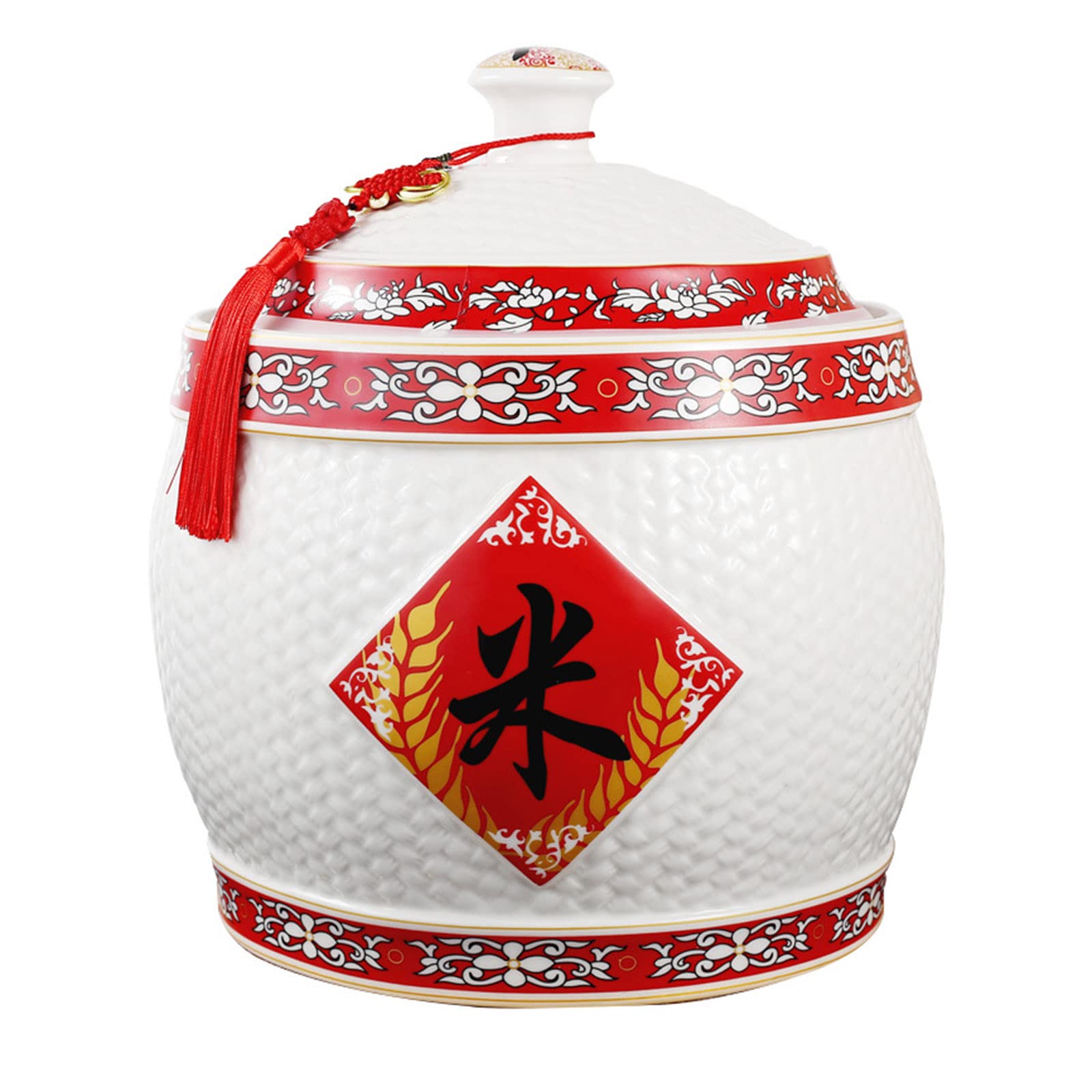 Rice Tank Barrel Food Dispensers, Ceramic Bucket With Tassel Design, Household Storage Box Lid, Chinese Sealed Large-Capacity Pot, 23 * 27Cm