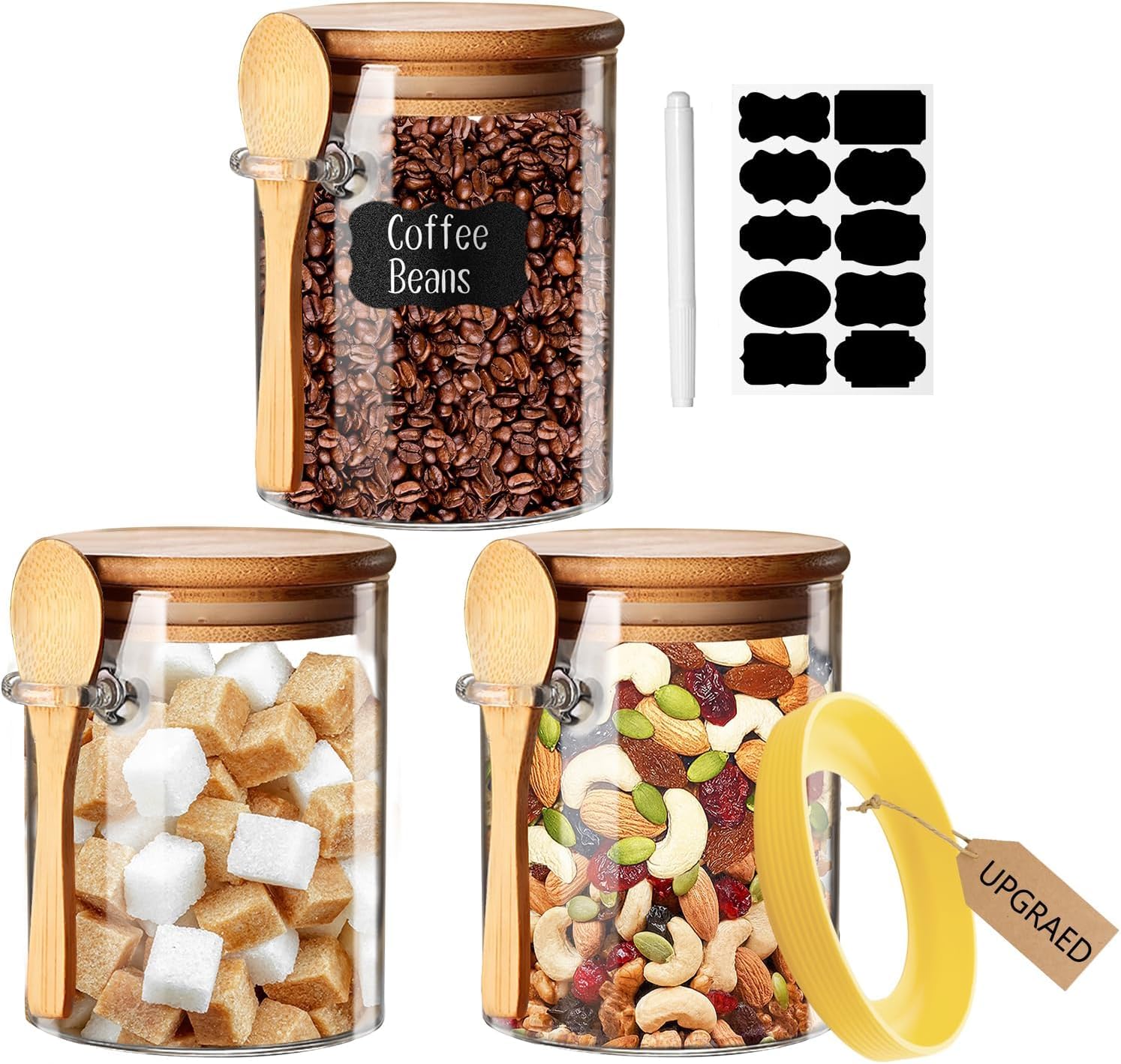 Glass Jars with Airtight Lid and Spoon,Glass Food Storage Jars Containers,Overnight Oats Containers with Lids,Decorative home Kitchen Jars for Spice Bath Salt Tea Coffee Sugar Canisters 530ml