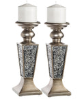 Creative Scents Schonwerk Pillar Candle Holder Set of 2- Crackled Mosaic Design- Home Coffee Table Decor Decorations Centerpiece for Dining/Living Room- Best Wedding Gift (Silver)
