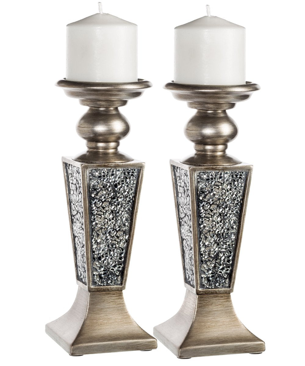Creative Scents Schonwerk Pillar Candle Holder Set of 2- Crackled Mosaic Design- Home Coffee Table Decor Decorations Centerpiece for Dining/Living Room- Best Wedding Gift (Silver)