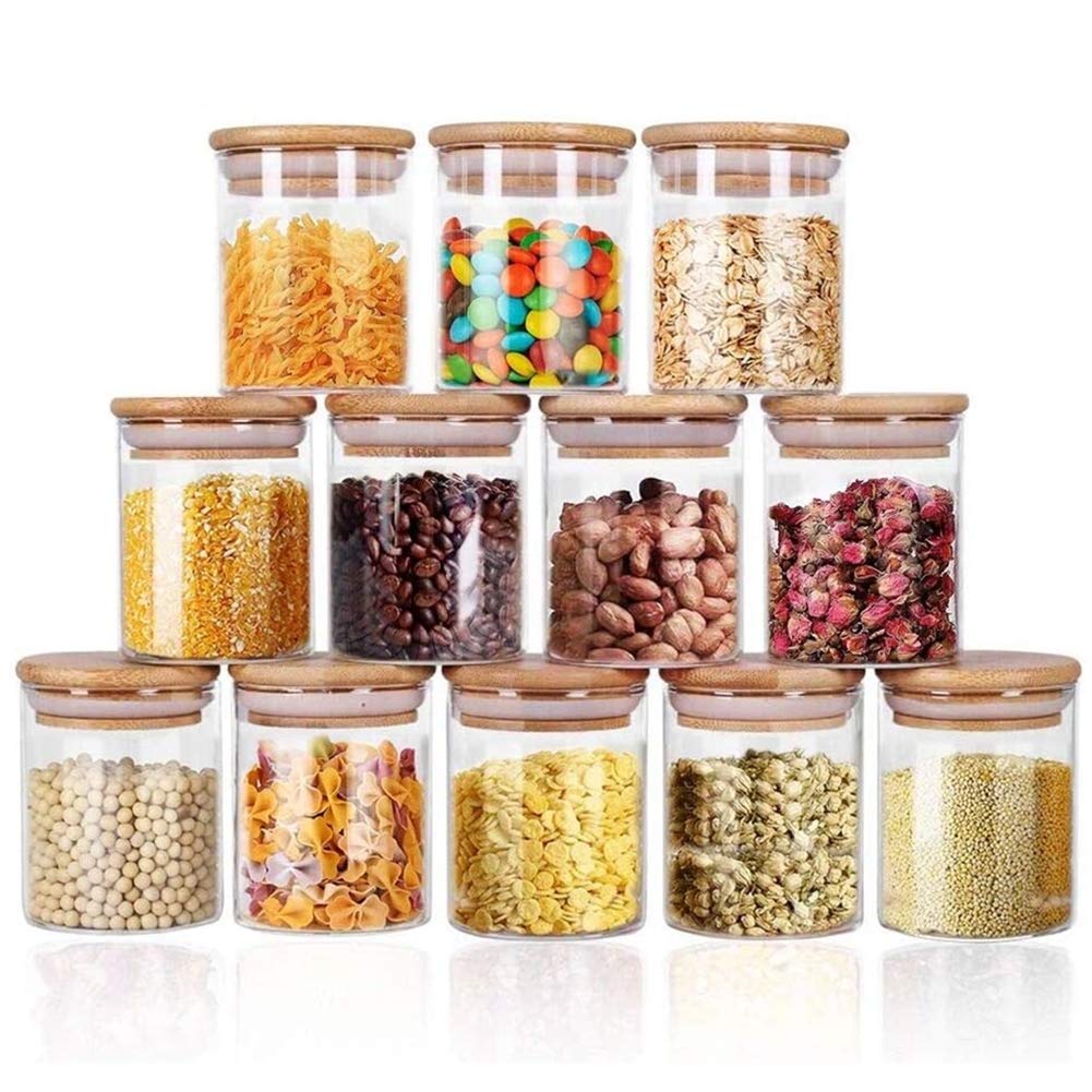 Yibaodan Glass Jars Set 8oz, 12 Set Spice Jars with Bamboo Airtight Lids and Labels, Food Cereal Storage Containers for Home Kitchen Tea Herbs Pasta Coffee Flour Herbs Grains