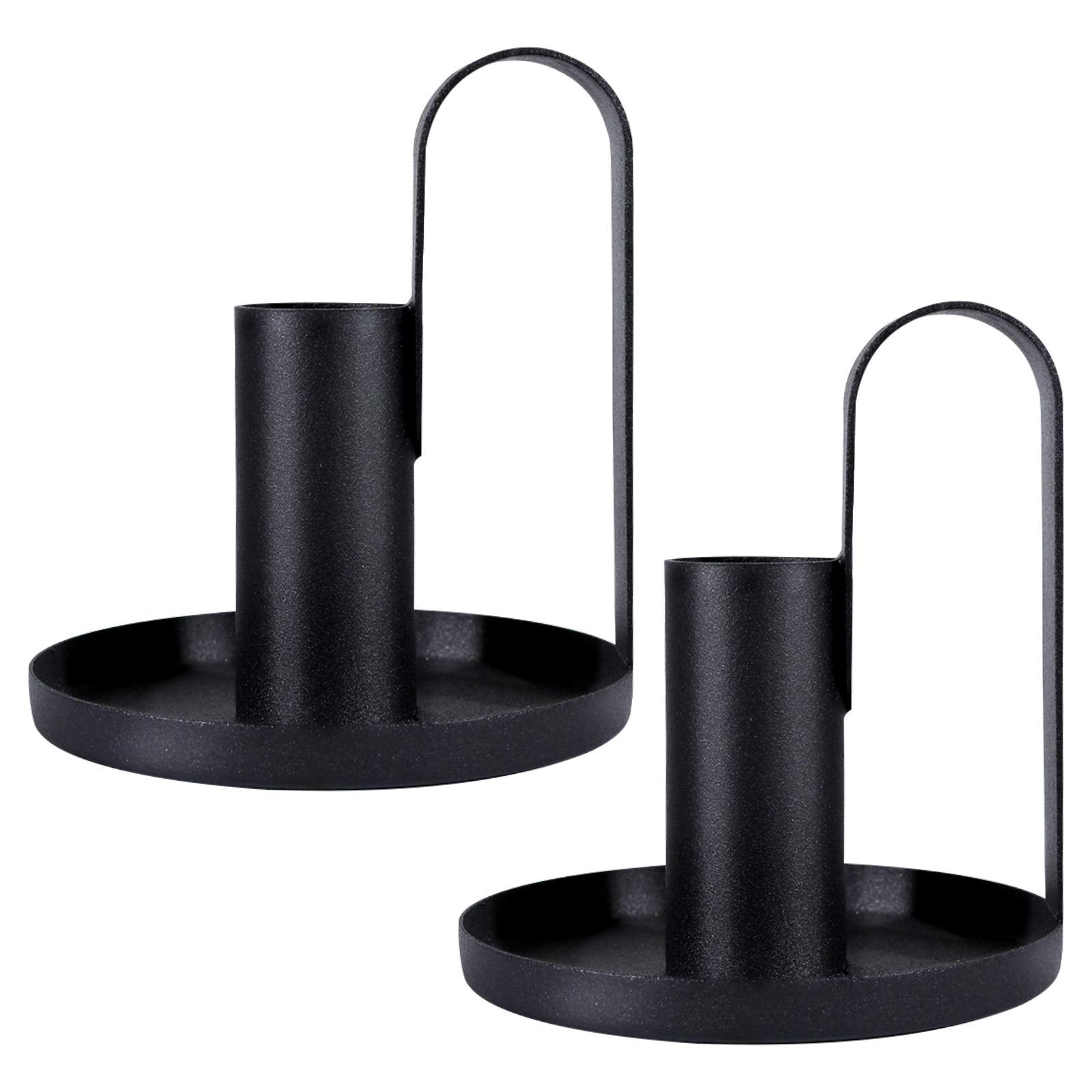 KASTWAVE Elegant Black Candle Holder Set - 2 Pcs Iron Plate with Handles for Diwali Taper Candles, Perfect for Dining Table, Weddings & Parties