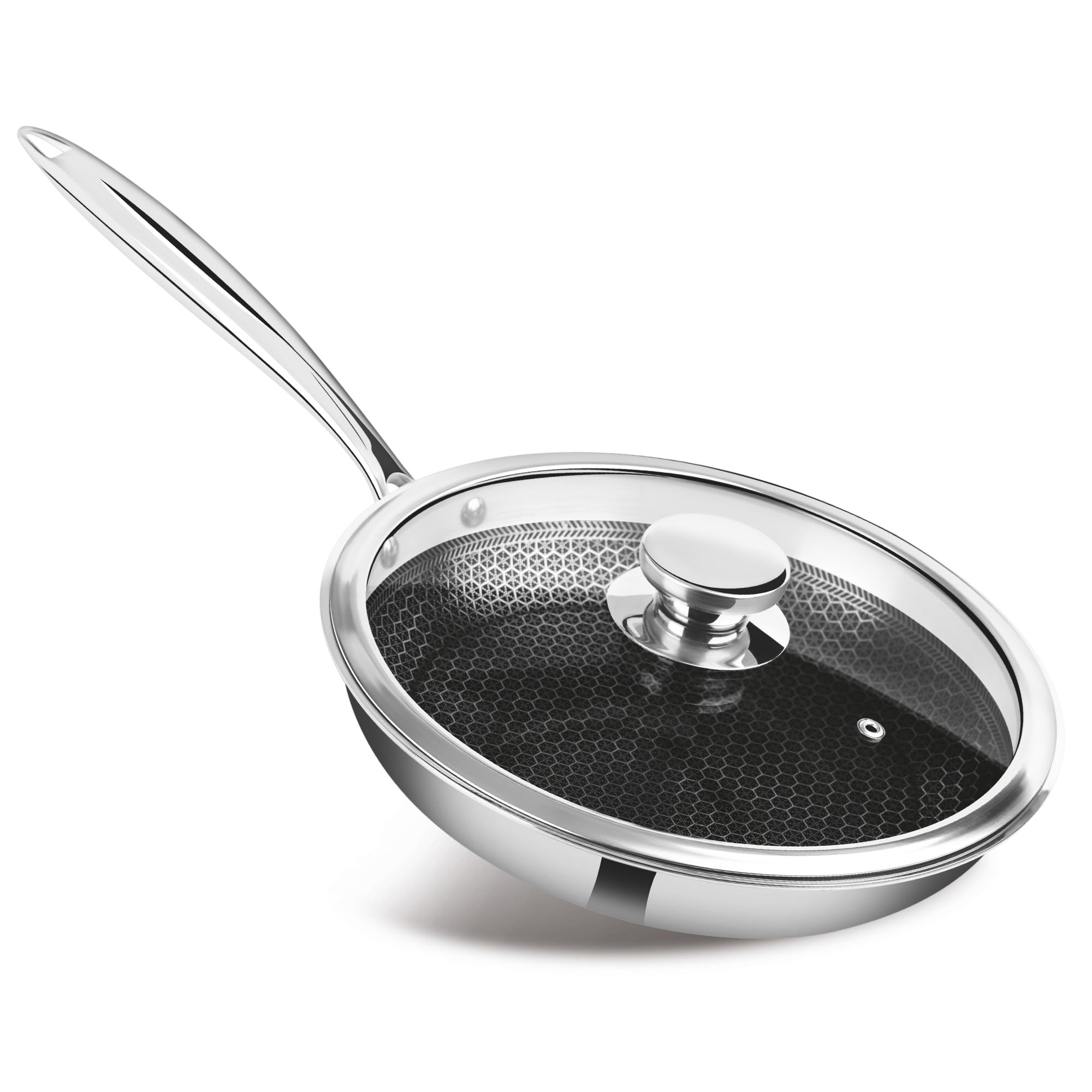 Milton Pro-Cook Fry Pan 26 cm – Triply Hexa Tech Stainless Steel Frying Pan with Glass Lid, Honeycomb Non-Stick Structure, Induction & Gas Compatible, Ideal for Curry & Omelette – Silver
