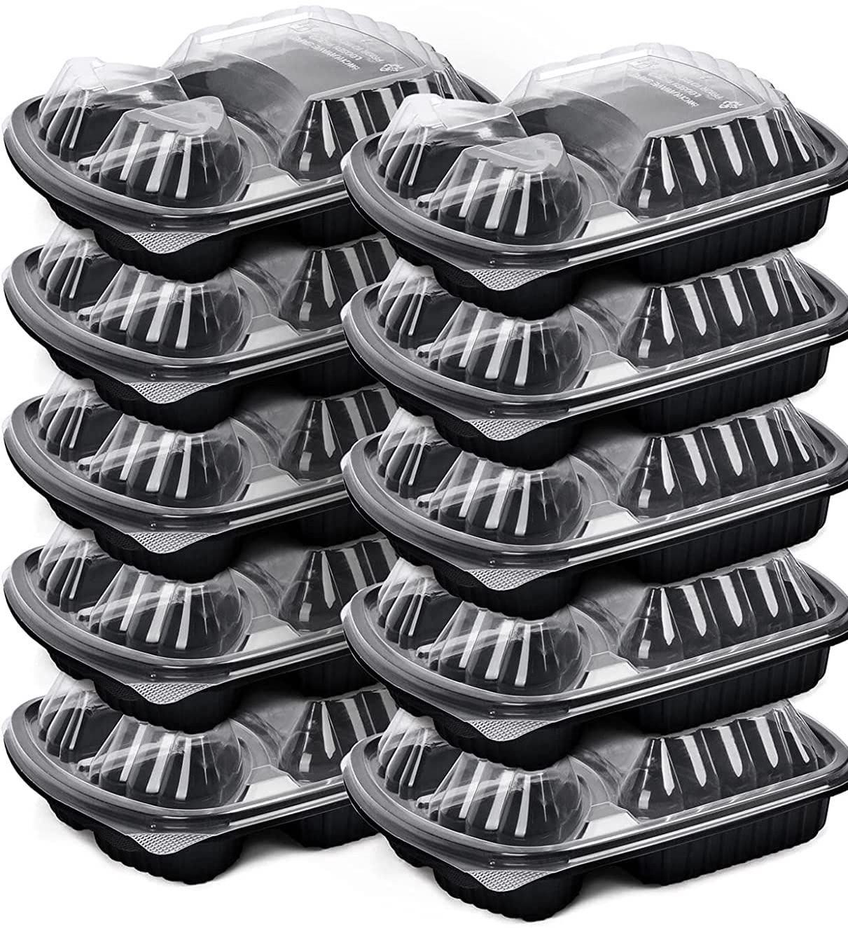 [5 Pack] 3 Section Black Base with Lids Food Storage Container| Disposable Food Container | Meal Preparation Containers | Lunch Boxes Microwave | Freezer Safe (3 Compartment), 32 oz