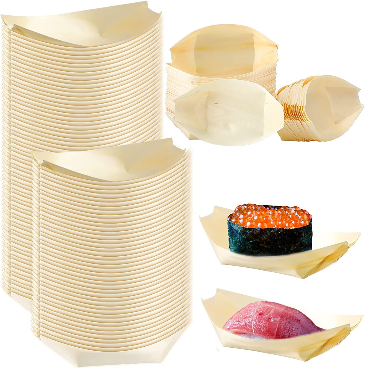 SYOSI Wood Serving Boats, Disposable Bamboo Wood Boats, Dishes Plates Wooden Snack Bowls Food Serving Tray Japanese Sashimi Sushi Boat Light Brown for Party Foods, Snacks, Canap, 100Pcs (Small)