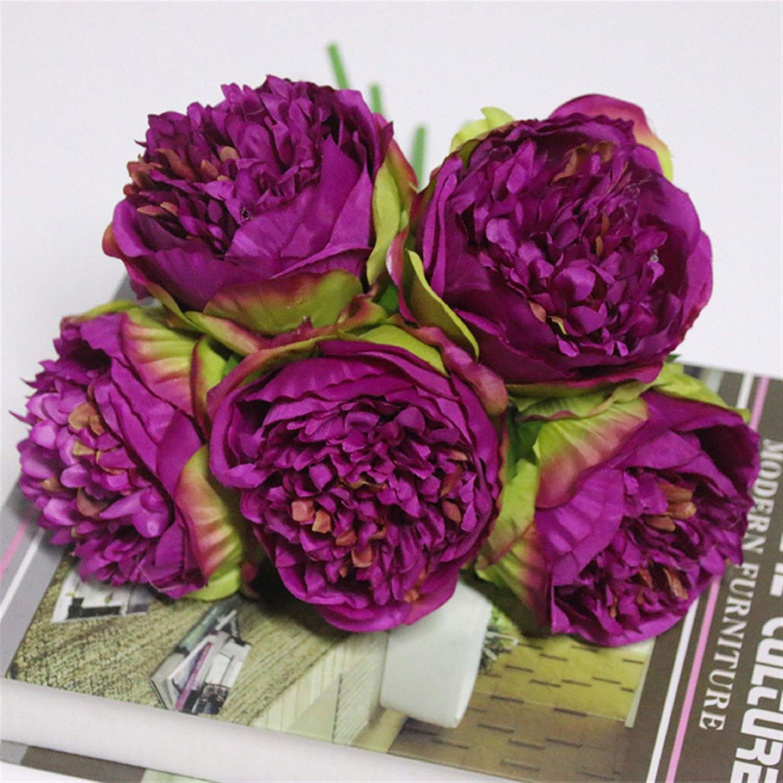 Fake flower 1Bunch 5heads Big Artificial Peony Decorative Party Silk Fake Flowers Peonies For Home Hotel Decor DIY Wedding Decoration Wreath Artificial flowers (Color : Purple)