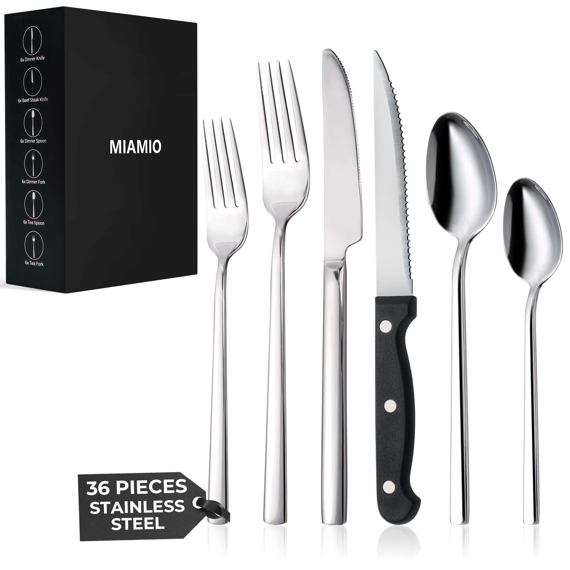 MIAMIO – Cutlery Set Stainless Steel for 6 People / 36-Piece Flatware Set – Includes Knives, Forks, Spoons – Dishwasher Safe (Silver)