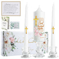 Extrogif Unity Floral Candles with Holder for Wedding Ceremony - Wedding Candles Set with Glass Holders – Elegant Pillar Candles with Gold Cross & Matthew 19:6 Verse for Religious Ceremonys
