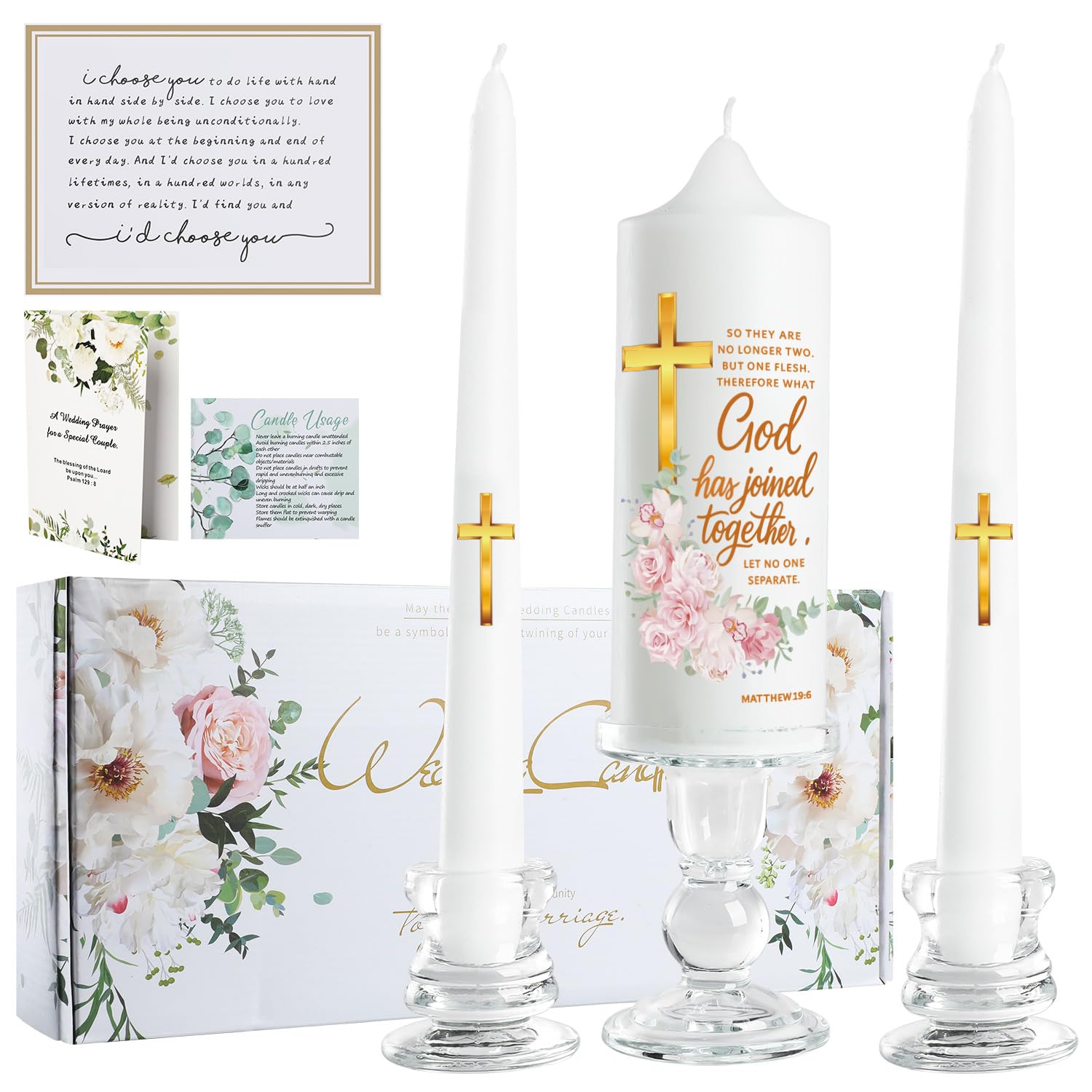 Extrogif Unity Floral Candles with Holder for Wedding Ceremony - Wedding Candles Set with Glass Holders – Elegant Pillar Candles with Gold Cross & Matthew 19:6 Verse for Religious Ceremonys