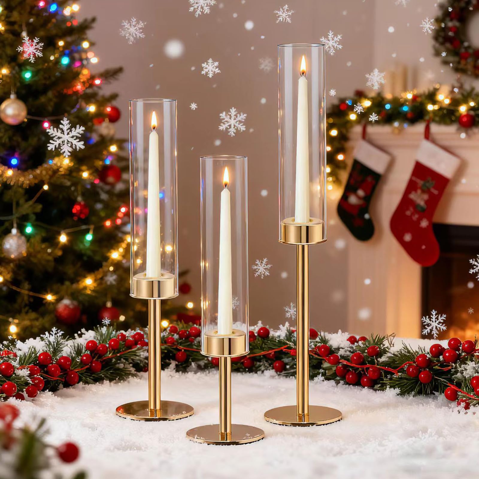 Rose Gold Taper Candle Holder Set, Glass Hurricane Candlestick Holders, Vintage Candelabra, Great Gift for Home Decor Aesthetic, Birthday Parties, Fireplace Parties,Thanksgiving Day & Christmas