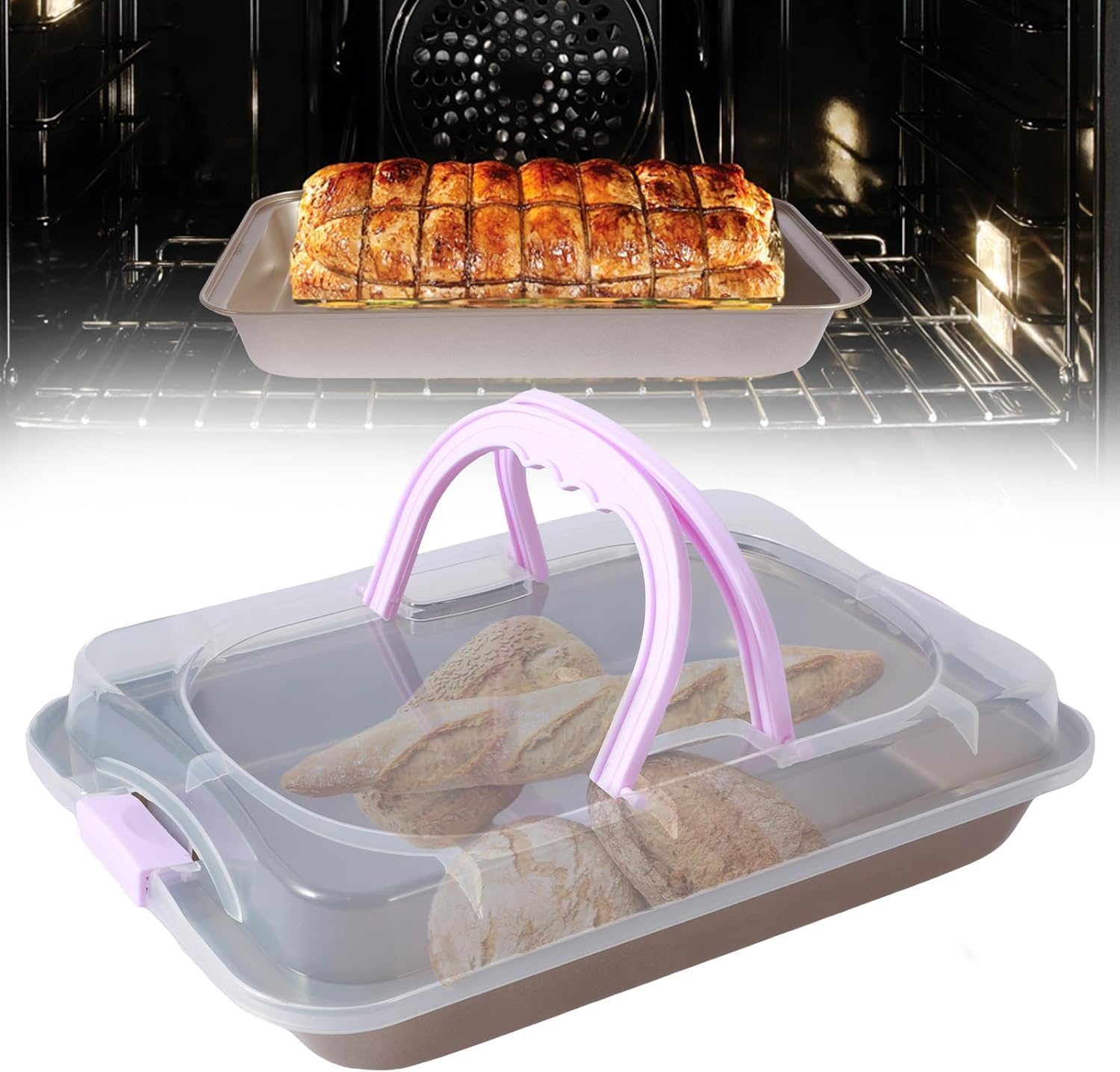 Azonee Baking Pan with Lid 10x14 Inch Rectangular Cake Pan, Non-Stick Baking Tray with Lid and Handle, Cake Tray for Baking, Baking, Storage, Oven and Freezer Safe(Gold)