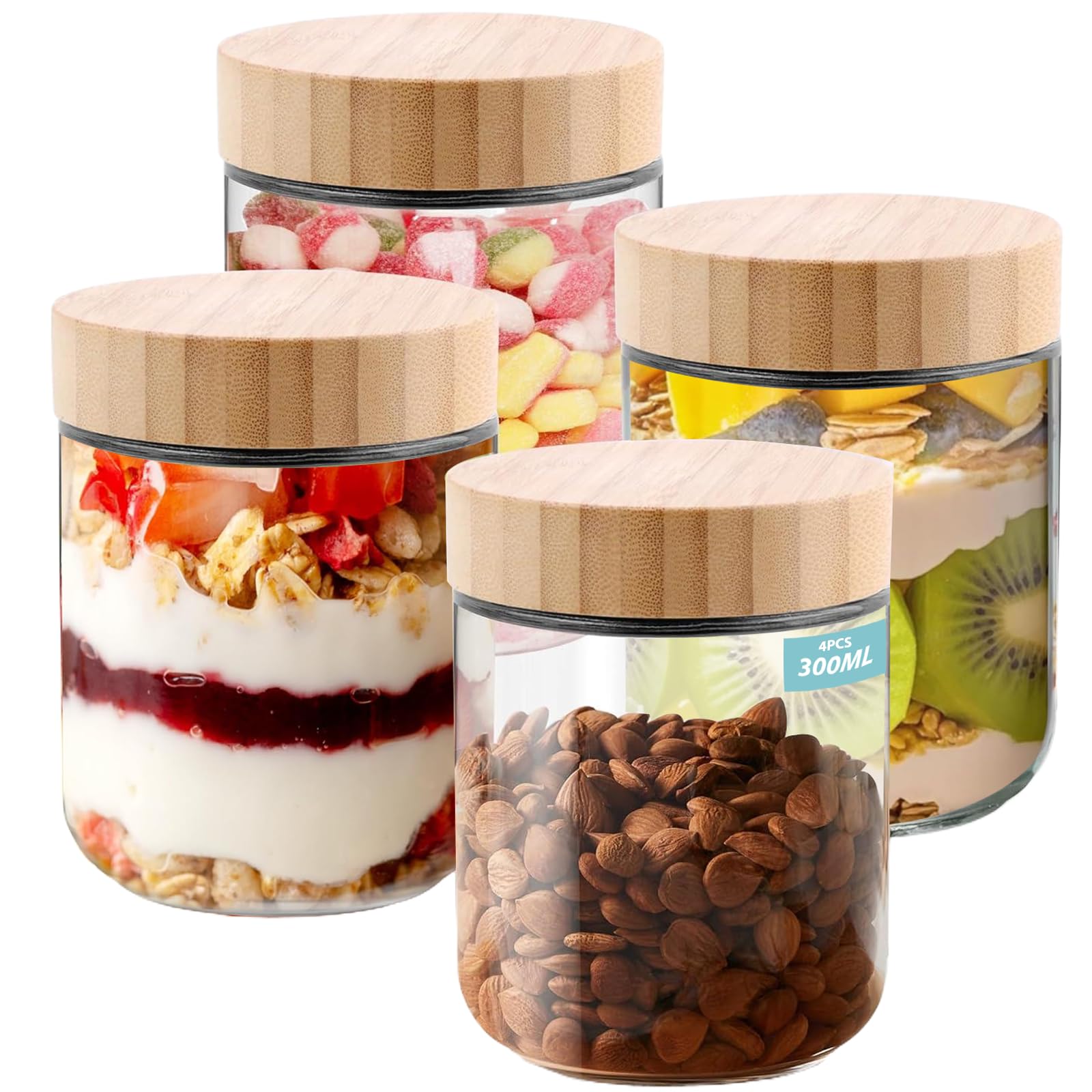 ALANX 4 Pack 10oz Glass Jars with Bamboo Lids Overnight Oats Containers Reusable Leak Proof Wide Jar, Glass Snack Food Storage Containers, For Yogurt Sugar and Coffee Bean Cookie Spice (4)