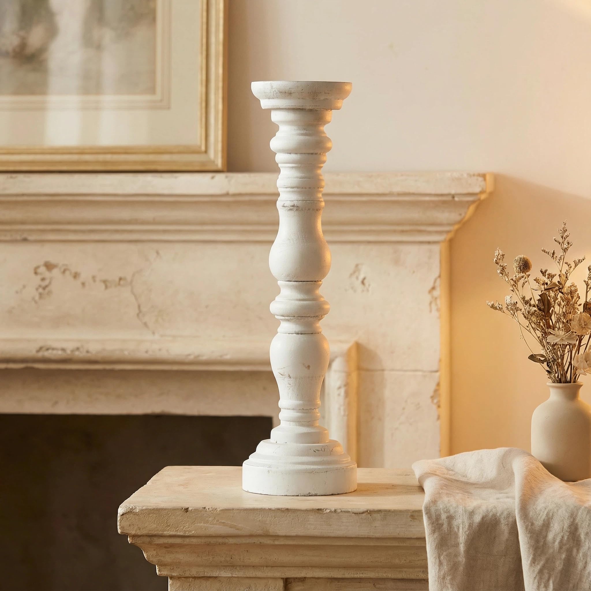 Farmhouse Rustic Candle Holder for Pillar Candle, Vintage White Wooden Pillar Candle Holder, Vintage Candlestick Holder for Dining Table, Coffee Table, Or Any Table Top (1Piece, 4.7" x 4.7" x 16")