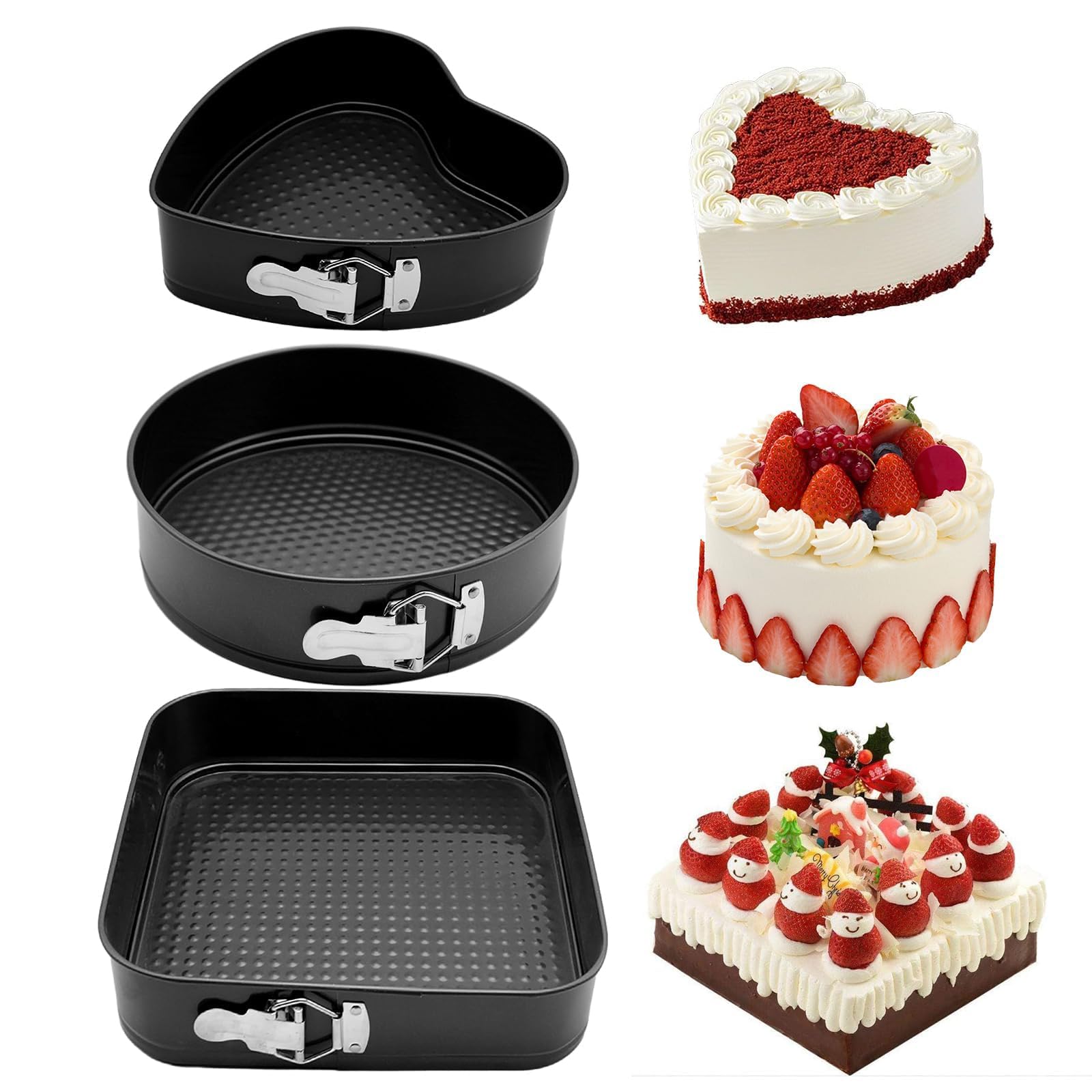 MOMENT 3 Pcs Springform Set Round, Heart And Square - Spring-Form Pan, Rectangle Cake Pan With Removable Bottom Leak-Proof And Quick Release Latch Bakeware Round/Heart-Shaped Spring Form Pan
