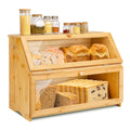Double Layer Large Bamboo Bread Box for Kitchen Counter, Wooden Large Capacity Bread Storage Bin with transparent windows
