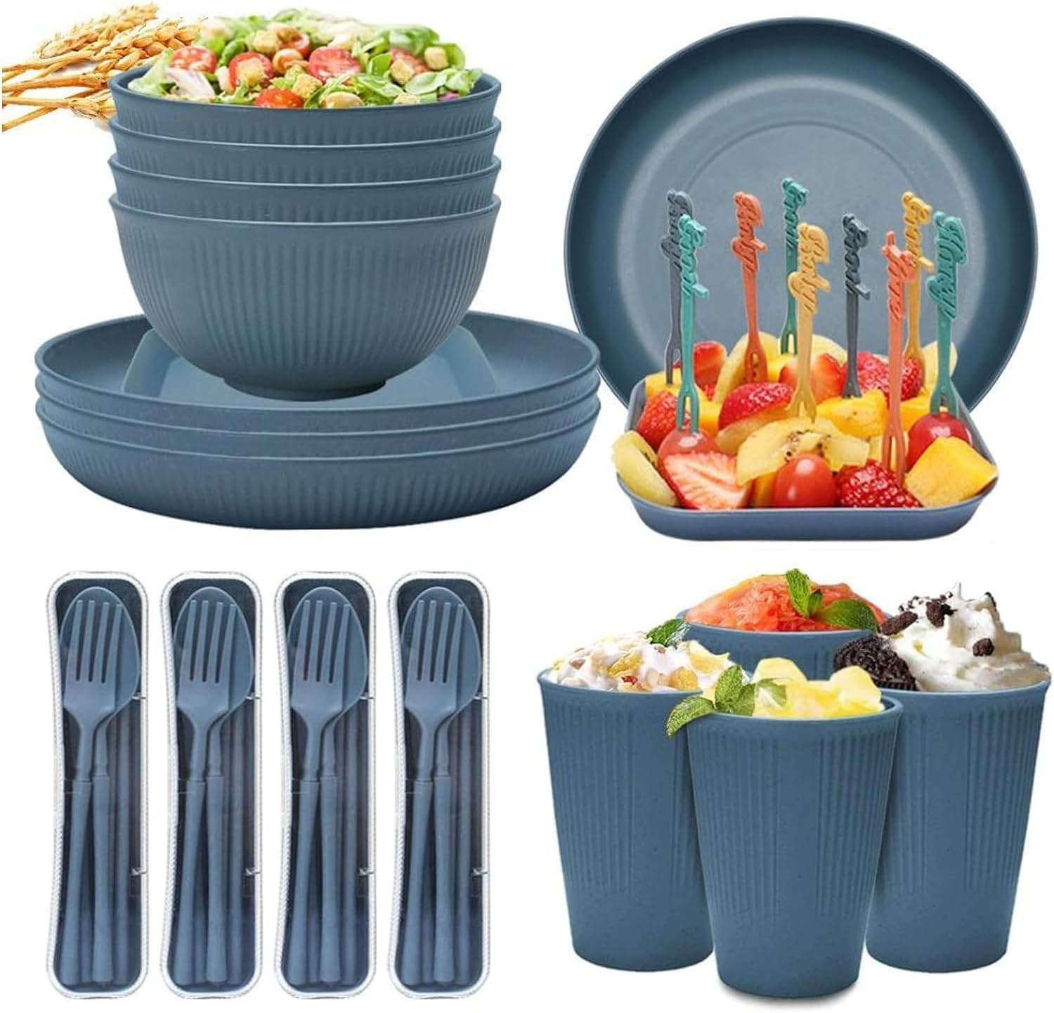 Dinnerware Sets, 48 PCS Unbreakable Wheat Straw Plates Bowls Cups and Cutlery, Complete Tableware Set for 4 People, Microwave and Dishwasher Safe for Camping Picnic Dorm RV