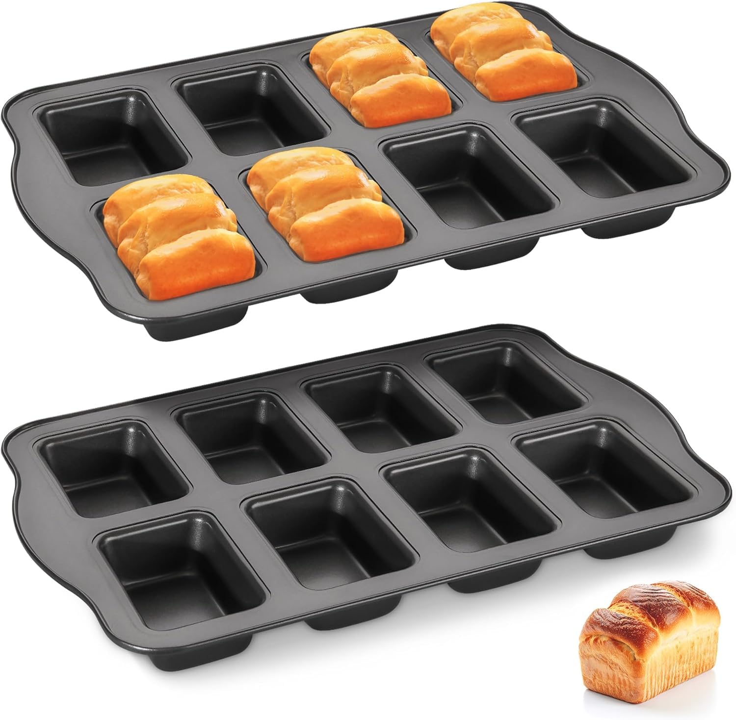 BIGTHREE 2-Pack 8 Cavity Rectangular Loaf Pans, Brownie Cake Mould, Non-Stick Small Bread Loaf Pan, Carbon Steel Mini Brownie Pan, for Corn Bread, Little Banana Breads, Cheesecake, Mini Brownie