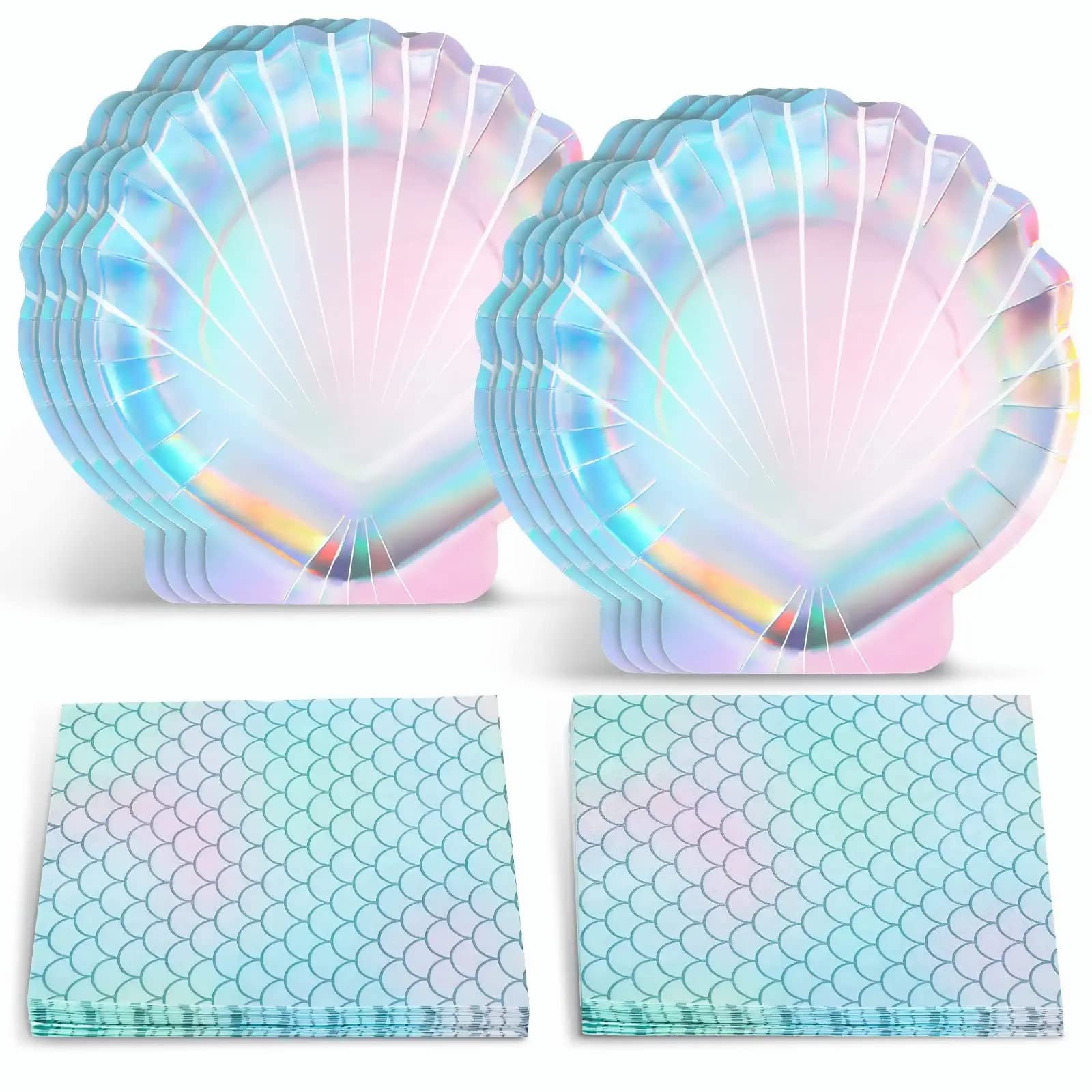 TERRIFI Mermaid Party Supplies Set, Disposable Party Decorations with Seashell Plates and Napkins - 24 Clam Shell Plates and 20 Mermaid Scales Napkins - 44 PCS